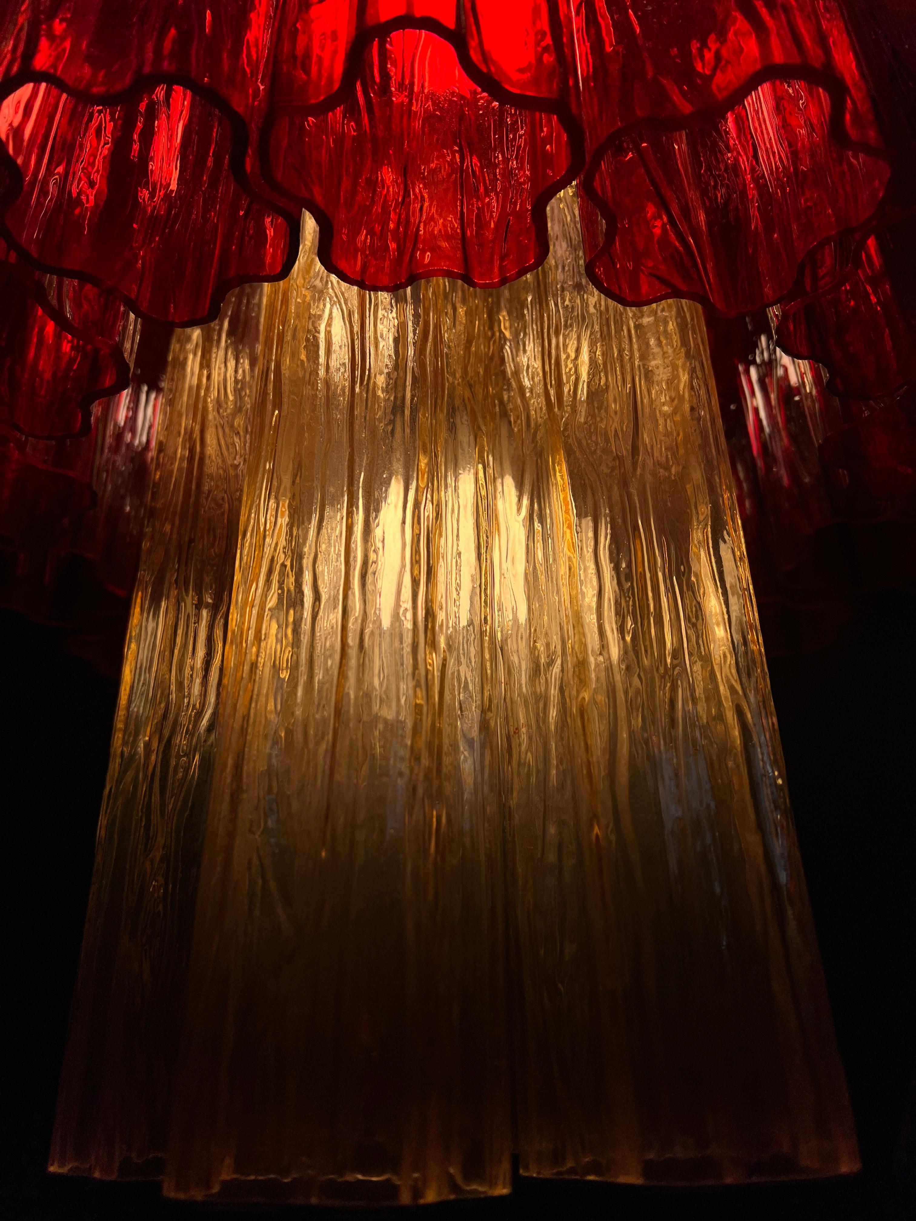 Amazing Pair of Italian Gold and Red Chandeliers by Valentina Planta, Murano 2