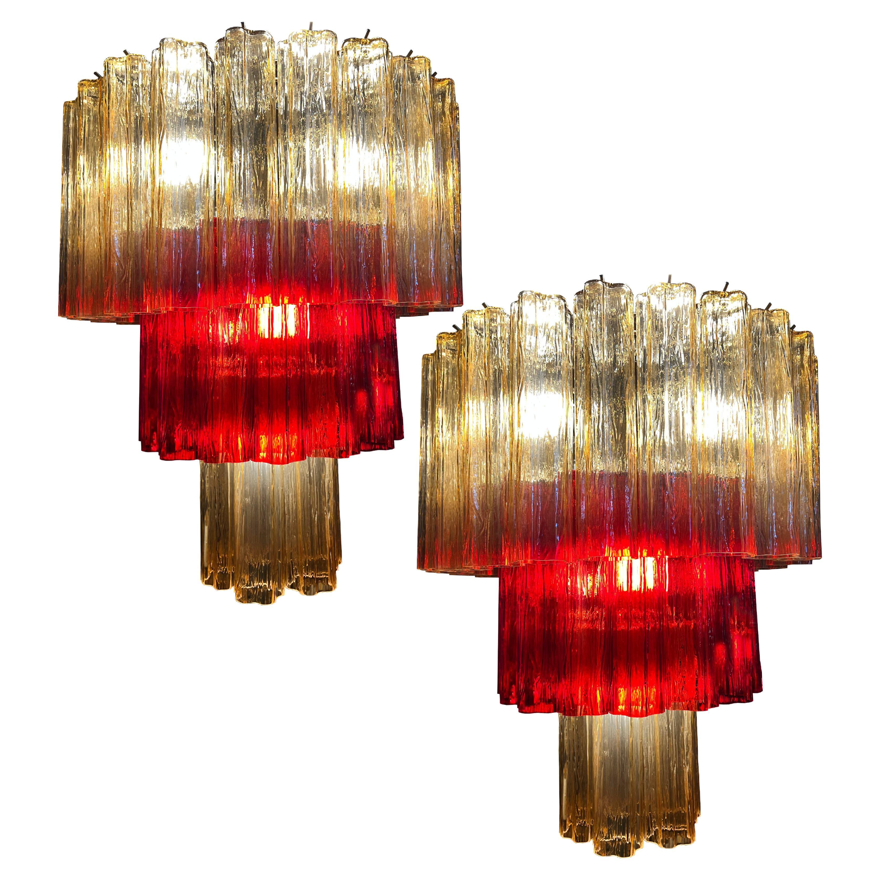 Amazing Pair of Italian Gold and Red Chandeliers by Valentina Planta, Murano
