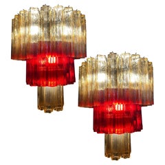 Amazing Pair of Italian Gold and Red Chandeliers by Valentina Planta, Murano