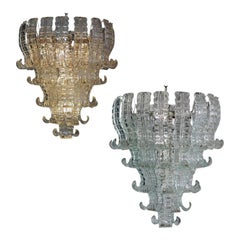 Vintage Amazing Pair of Italian Murano Six-Tier Felci Glass Chandeliers, 1970s