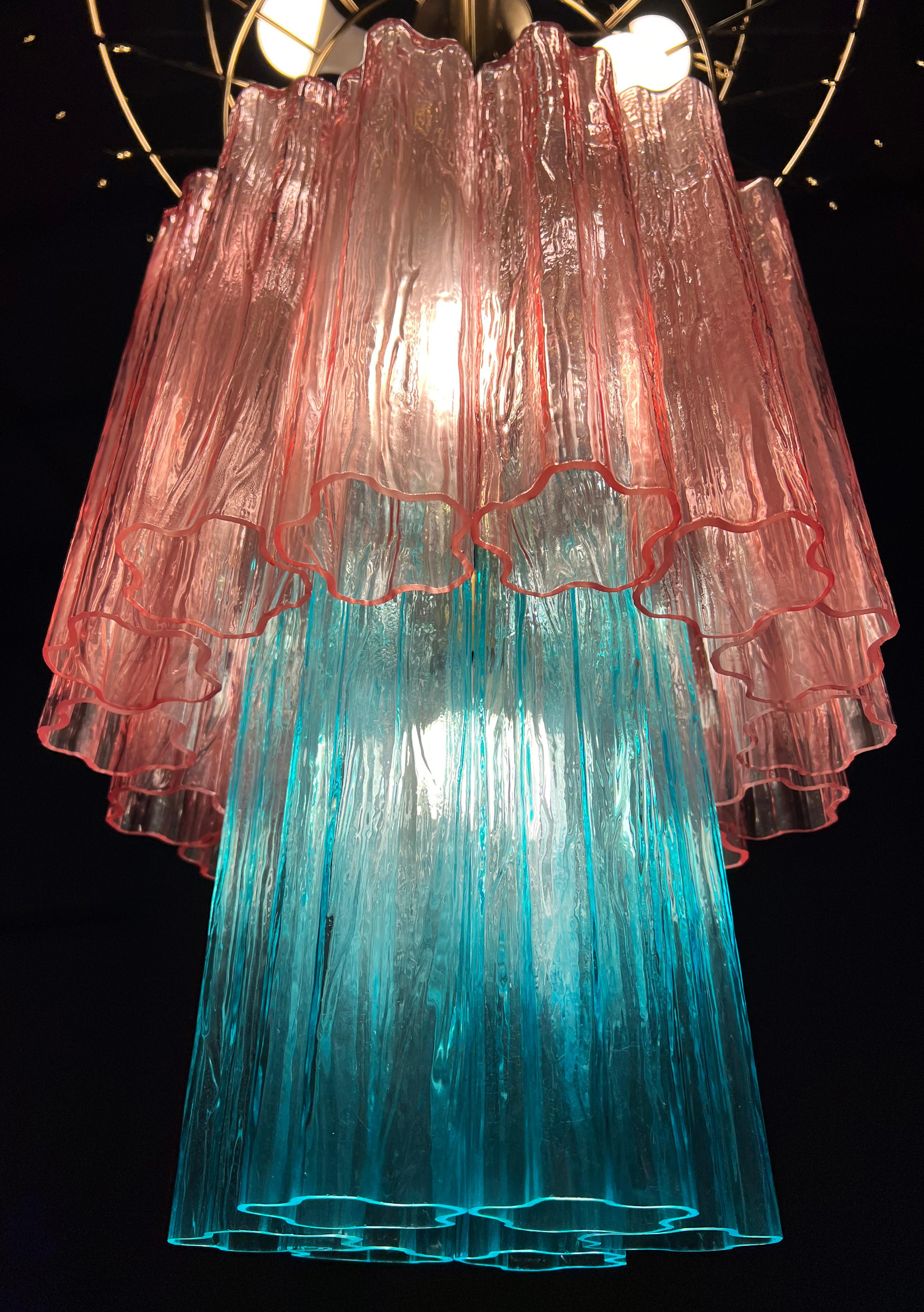 Contemporary Amazing Pair of Italian Pink-Blue Chandeliers by Valentina Planta, Murano For Sale