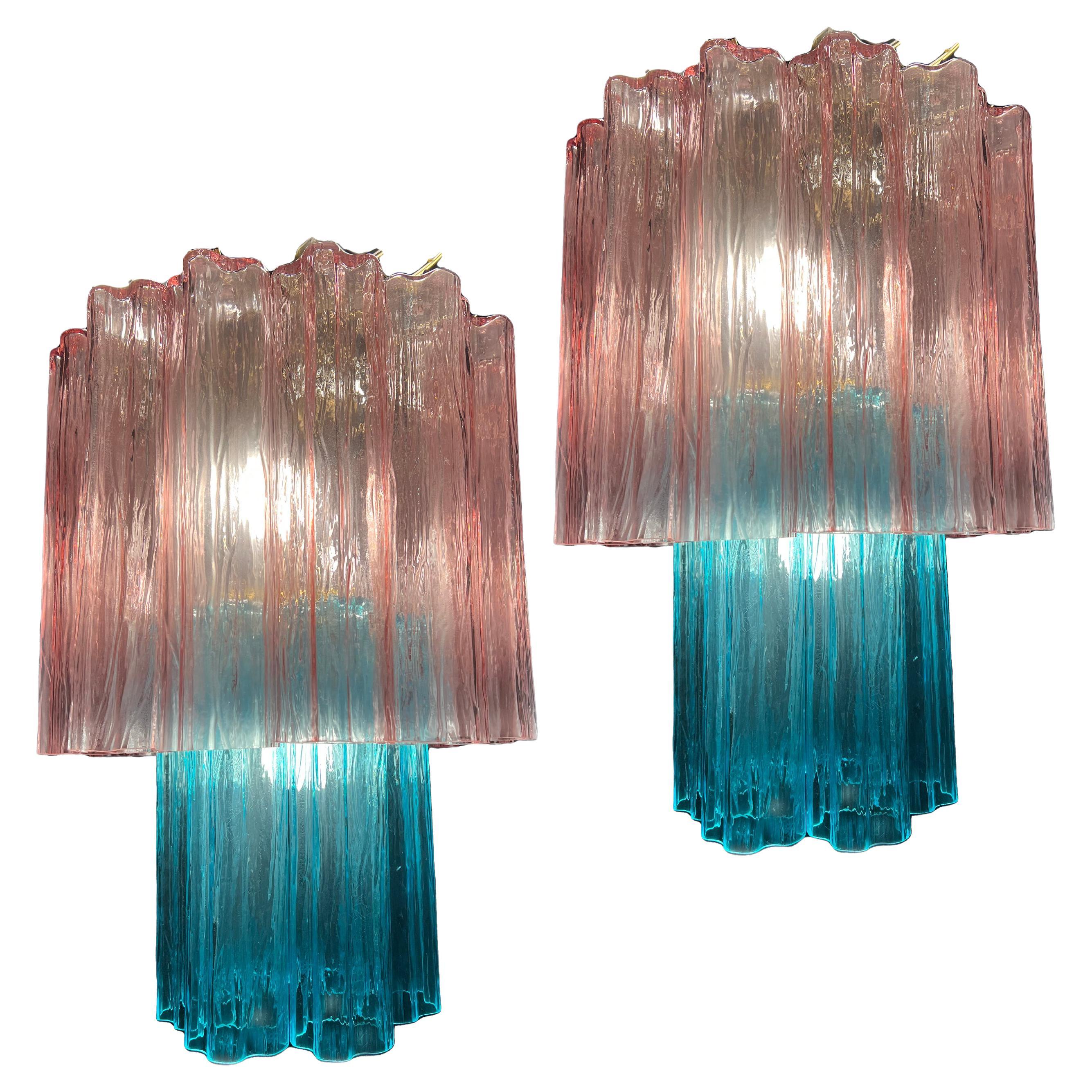 Amazing Pair of Italian Pink-Blue Chandeliers by Valentina Planta, Murano For Sale
