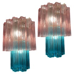 Amazing Pair of Italian Pink-Blue Chandeliers by Valentina Planta, Murano