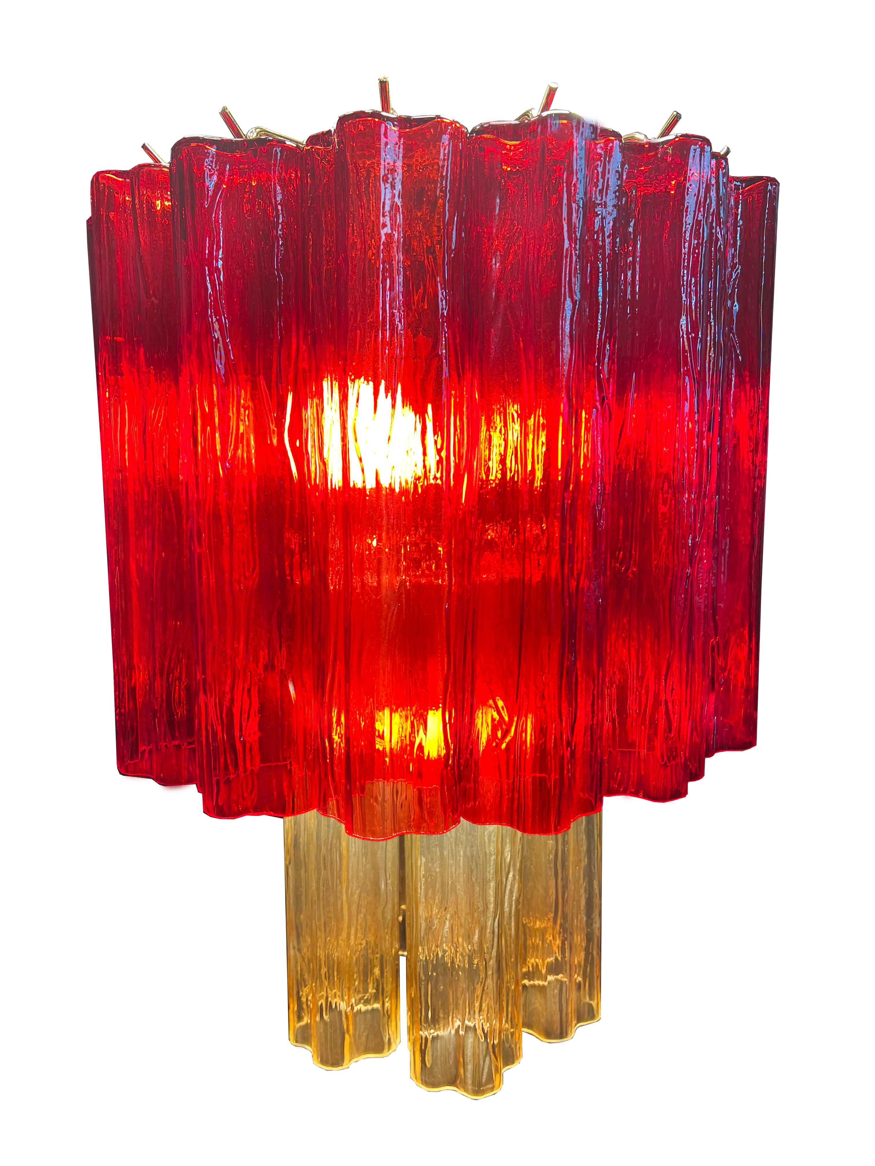 Amazing Pair of Italian Red and Gold Chandeliers by Valentina Planta, Murano For Sale 5
