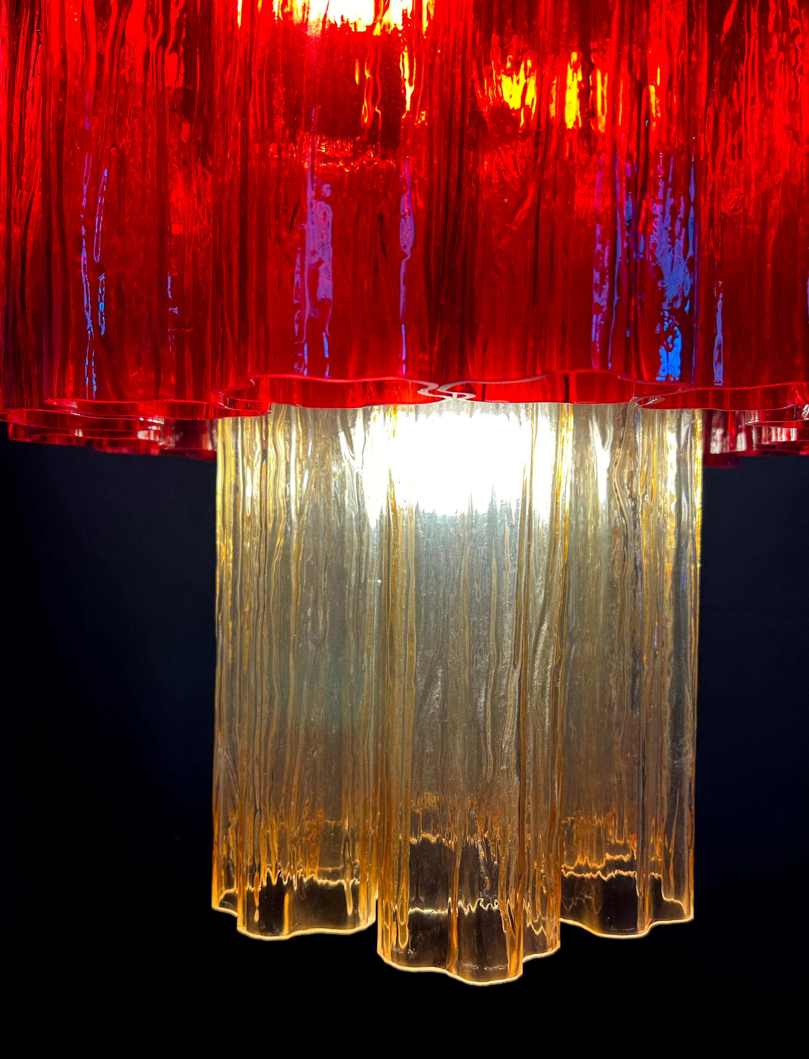 Murano Glass Amazing Pair of Italian Red and Gold Chandeliers by Valentina Planta, Murano