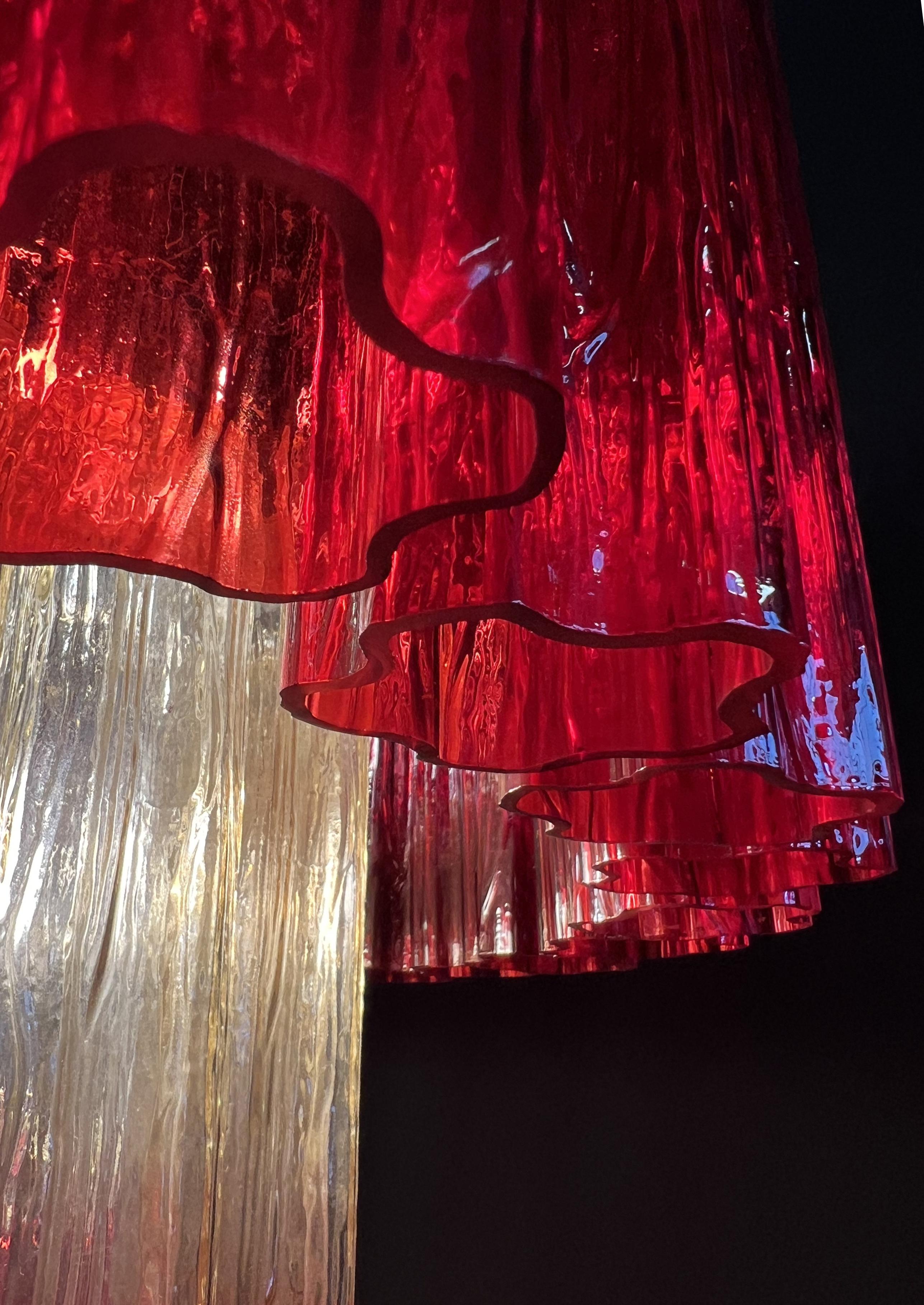 Amazing Pair of Italian Red and Gold Chandeliers by Valentina Planta, Murano For Sale 4