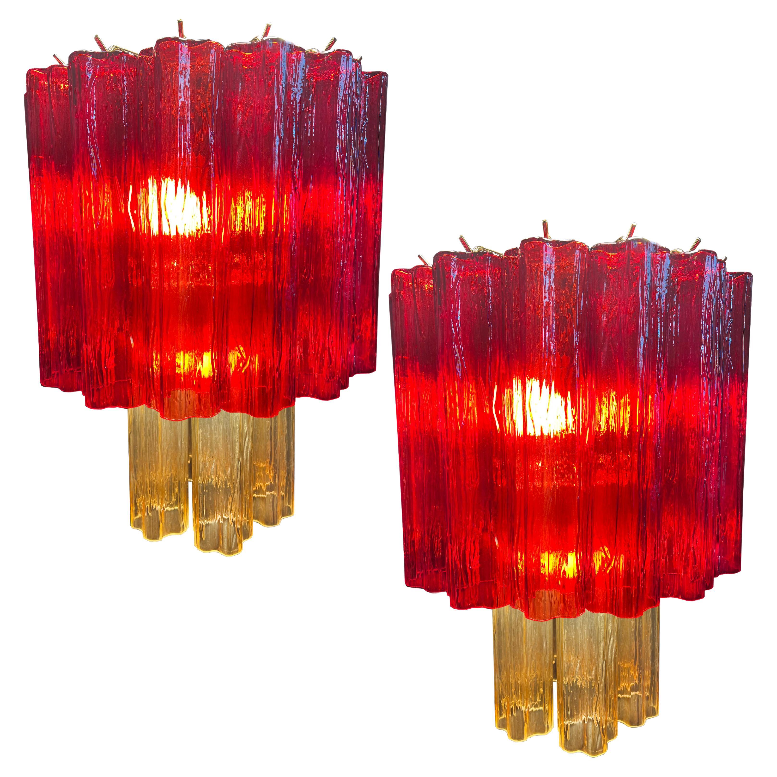 Amazing Pair of Italian Red and Gold Chandeliers by Valentina Planta, Murano For Sale