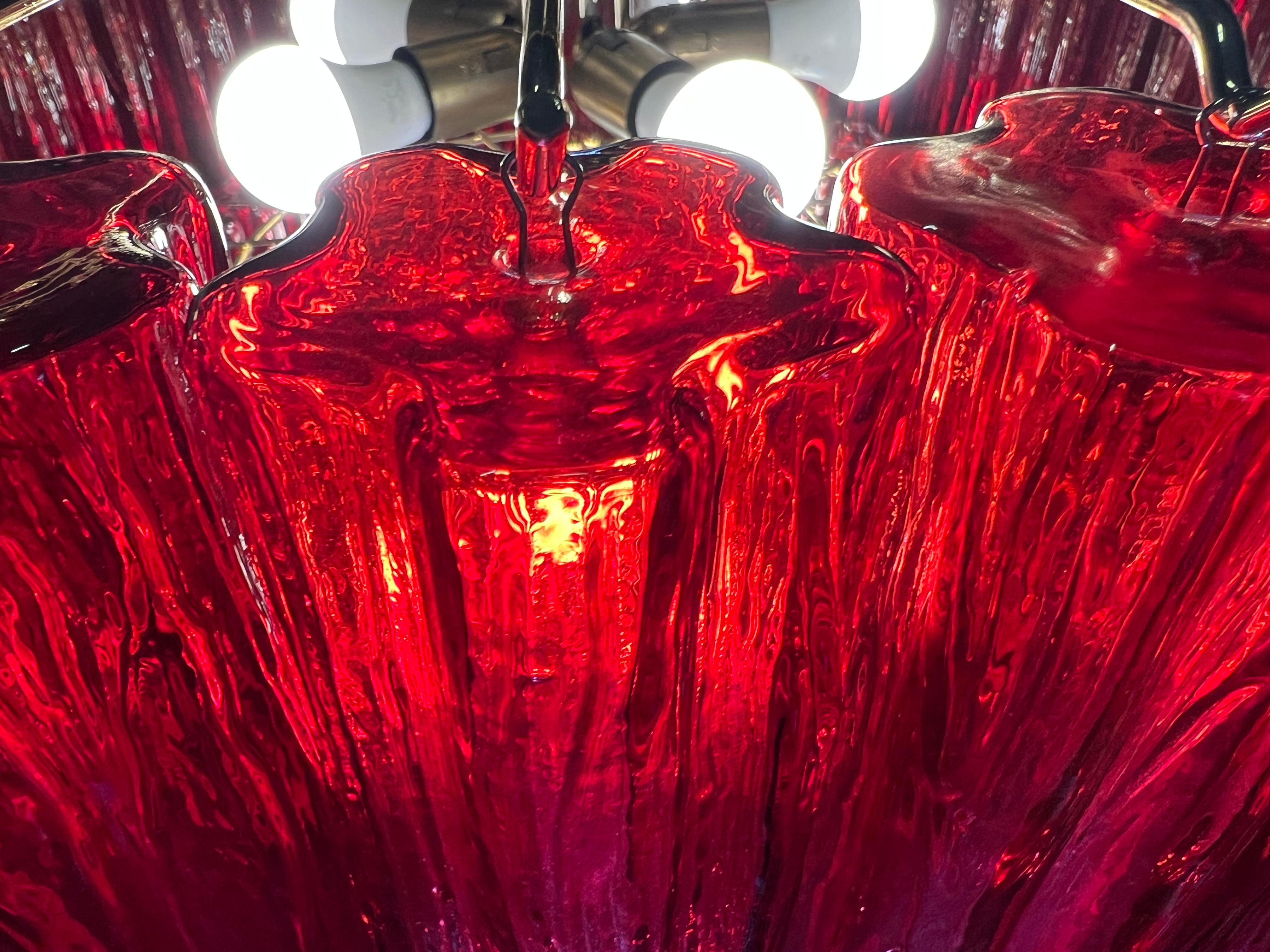 Glass Amazing Pair of Italian Red Chandeliers by Valentina Planta, Murano For Sale