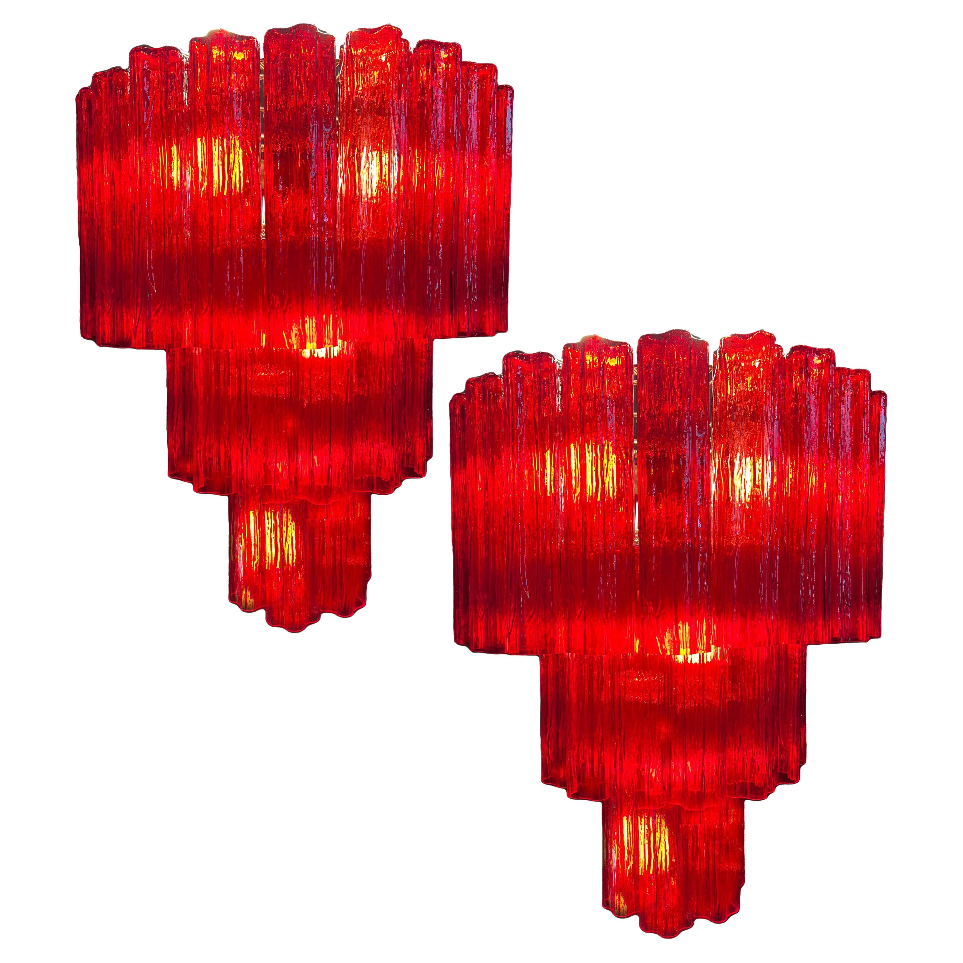 Amazing Pair of Italian Red Chandeliers by Valentina Planta, Murano For Sale
