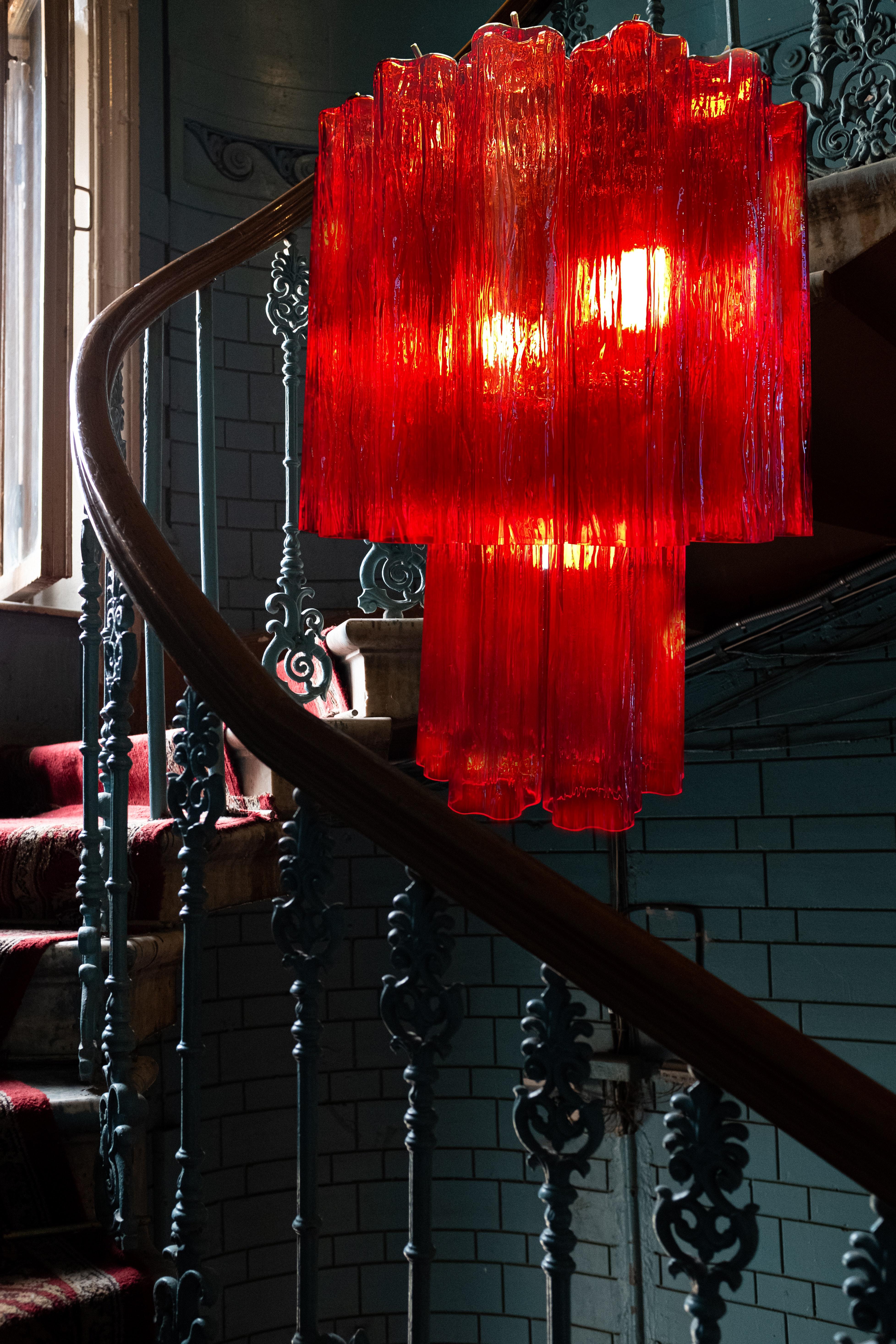 Amazing Pair of Italian ruby-red Chandeliers, Murano by Valentina Planta For Sale 8