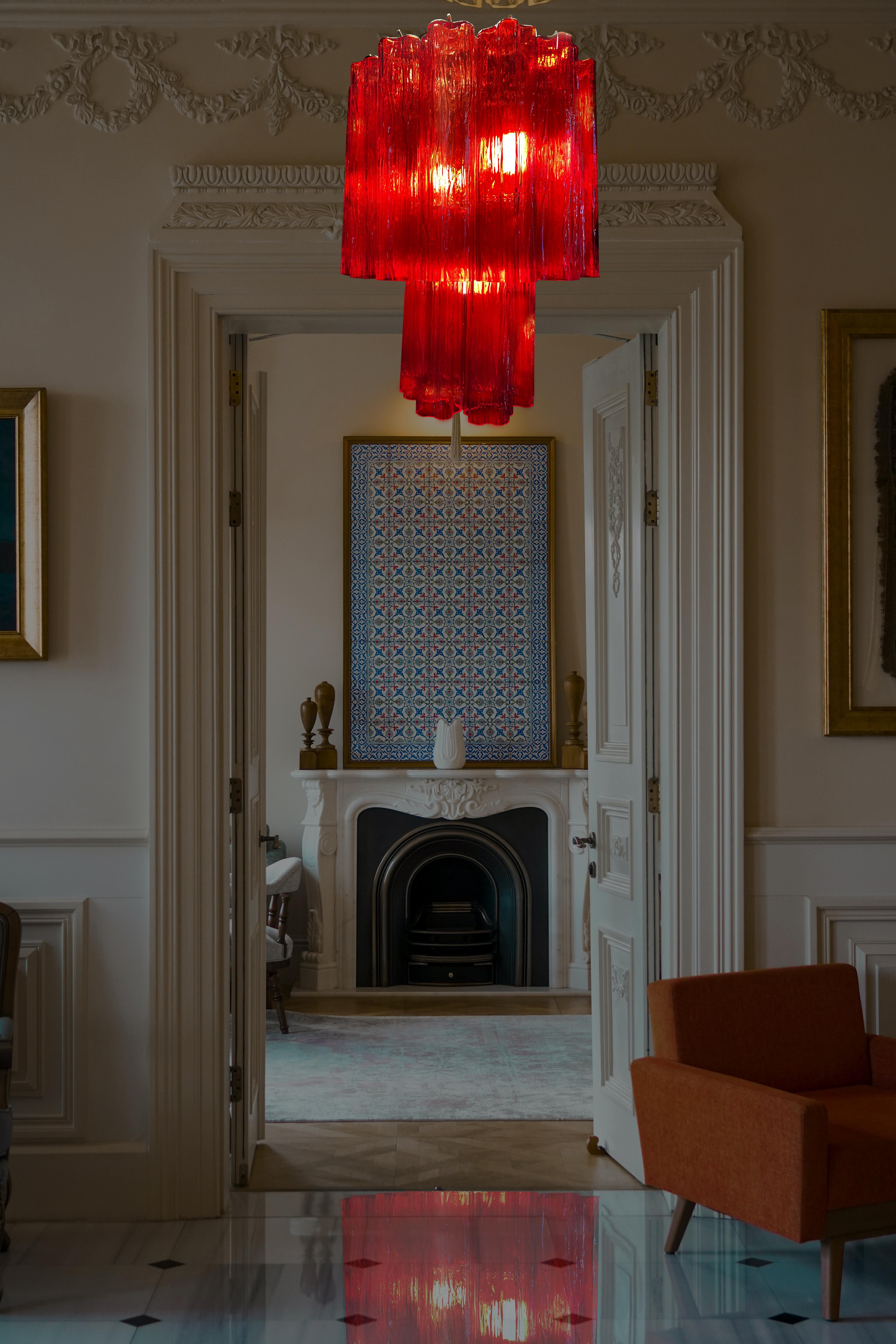 Amazing Pair of Italian ruby-red Chandeliers, Murano by Valentina Planta For Sale 11