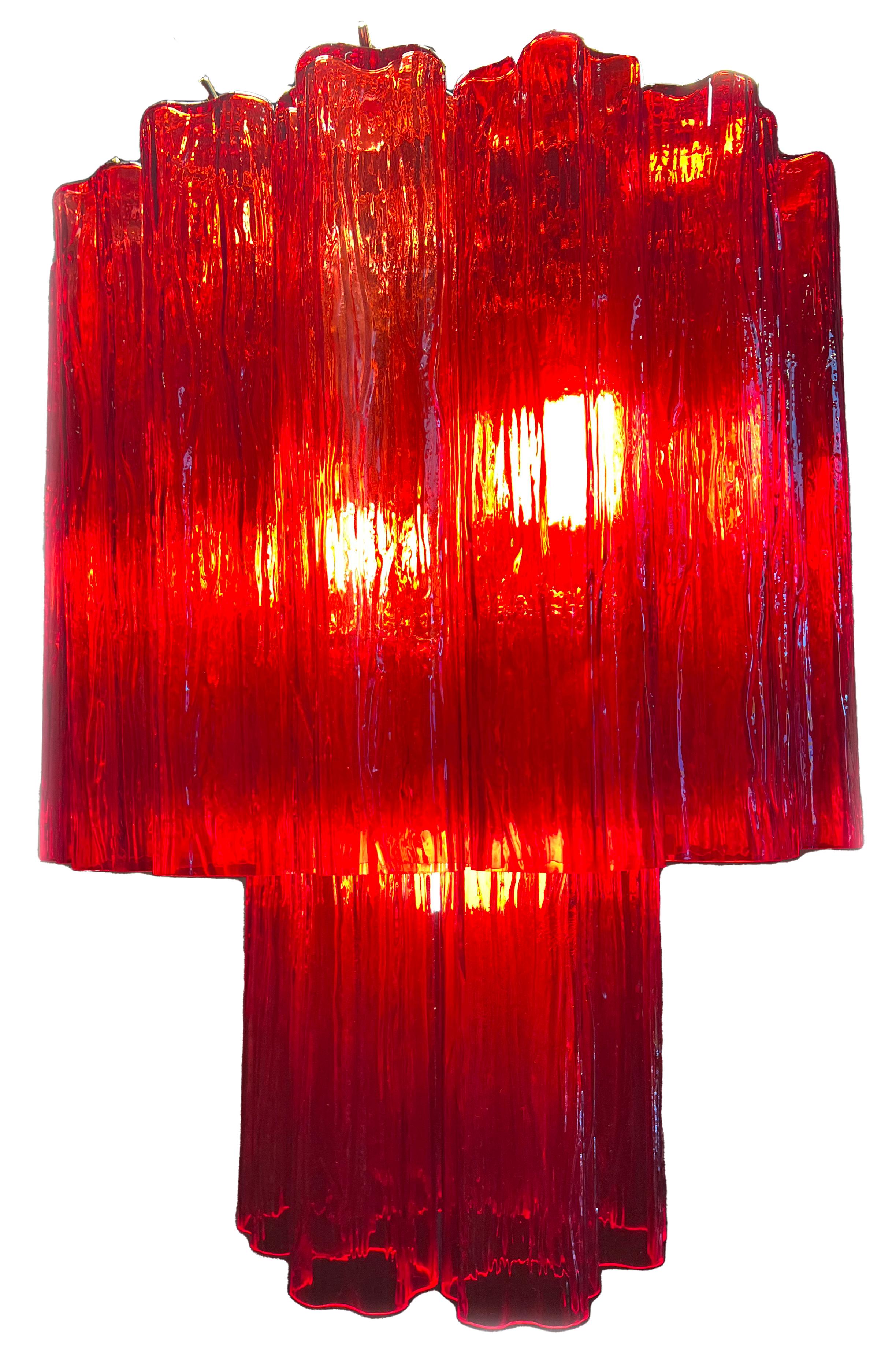 Contemporary Amazing Pair of Italian ruby-red Chandeliers, Murano by Valentina Planta For Sale