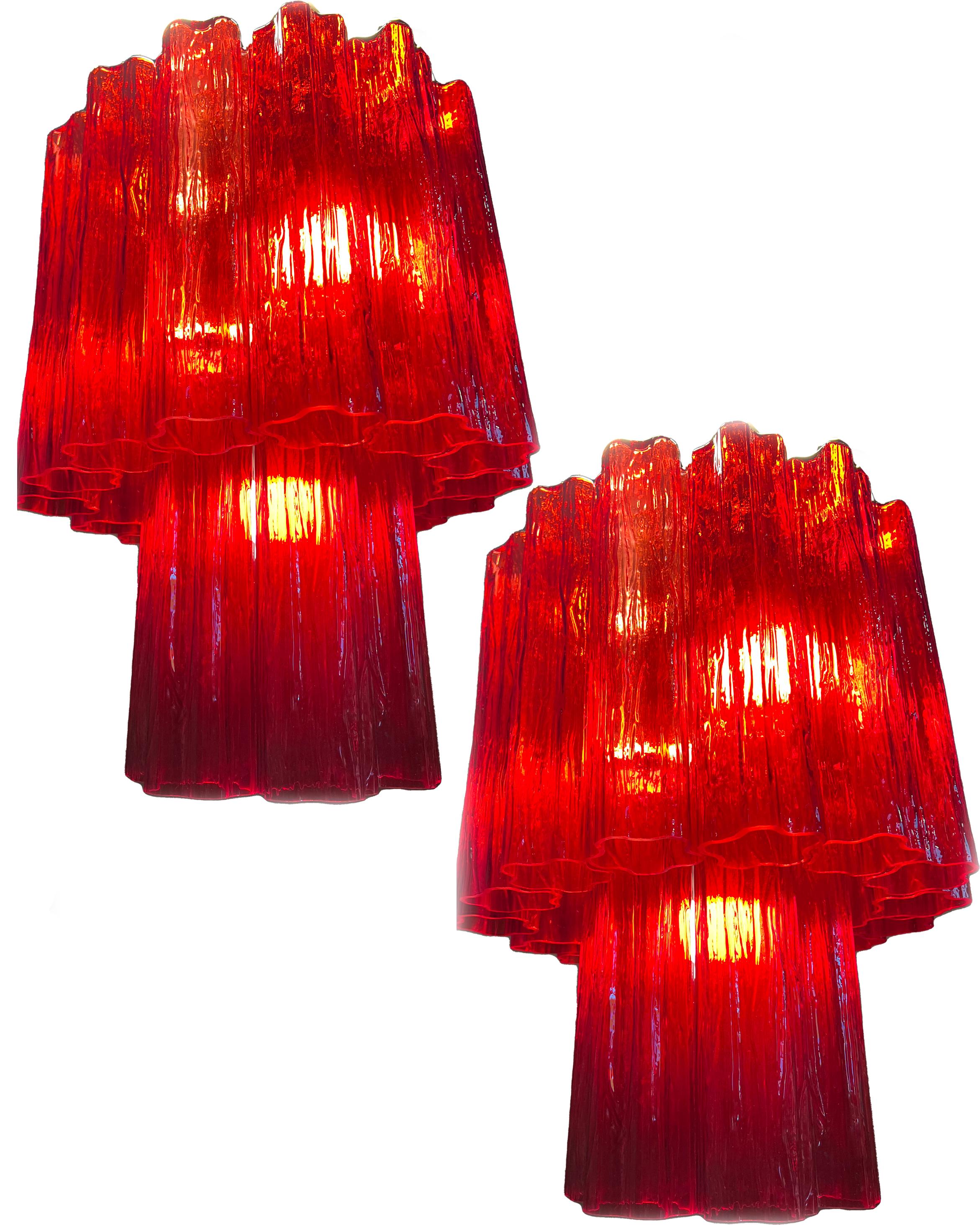 Amazing Pair of Italian ruby-red Chandeliers, Murano by Valentina Planta For Sale 1