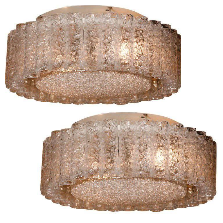 Amazing Pair of Large Doria Flush Mount Ceiling Lights with Crystal Glass Tubes For Sale
