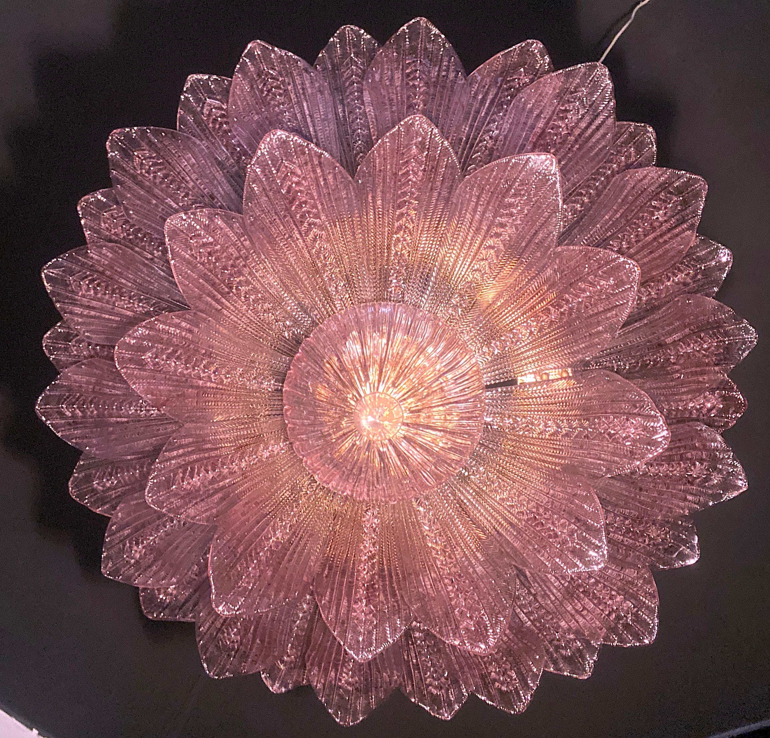 Italian Amazing Pair of Pink Amethyst Murano Glass Leave Ceiling Light or Chandelier For Sale