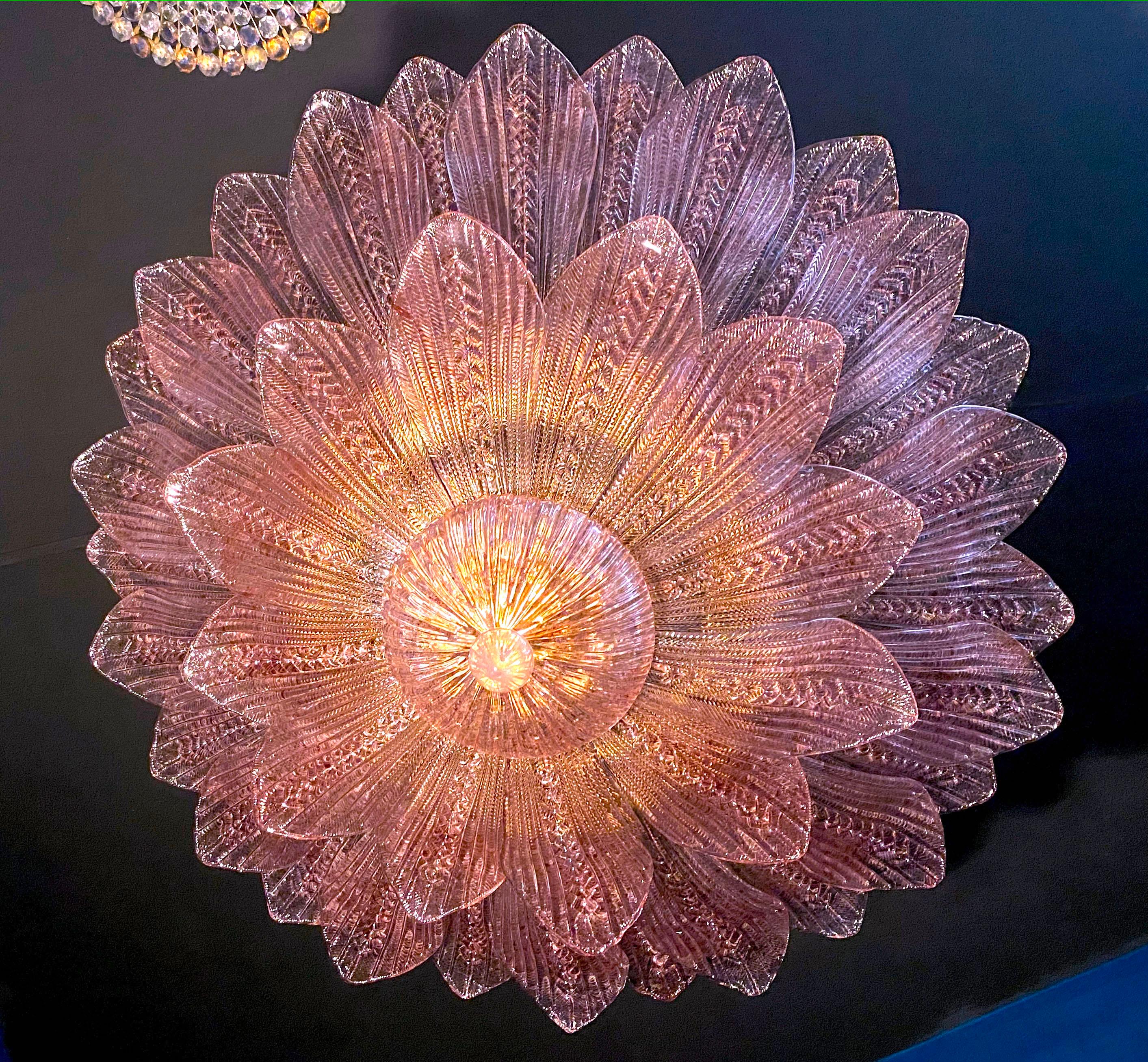 Contemporary Amazing Pair of Pink Amethyst Murano Glass Leave Ceiling Light or Chandelier For Sale