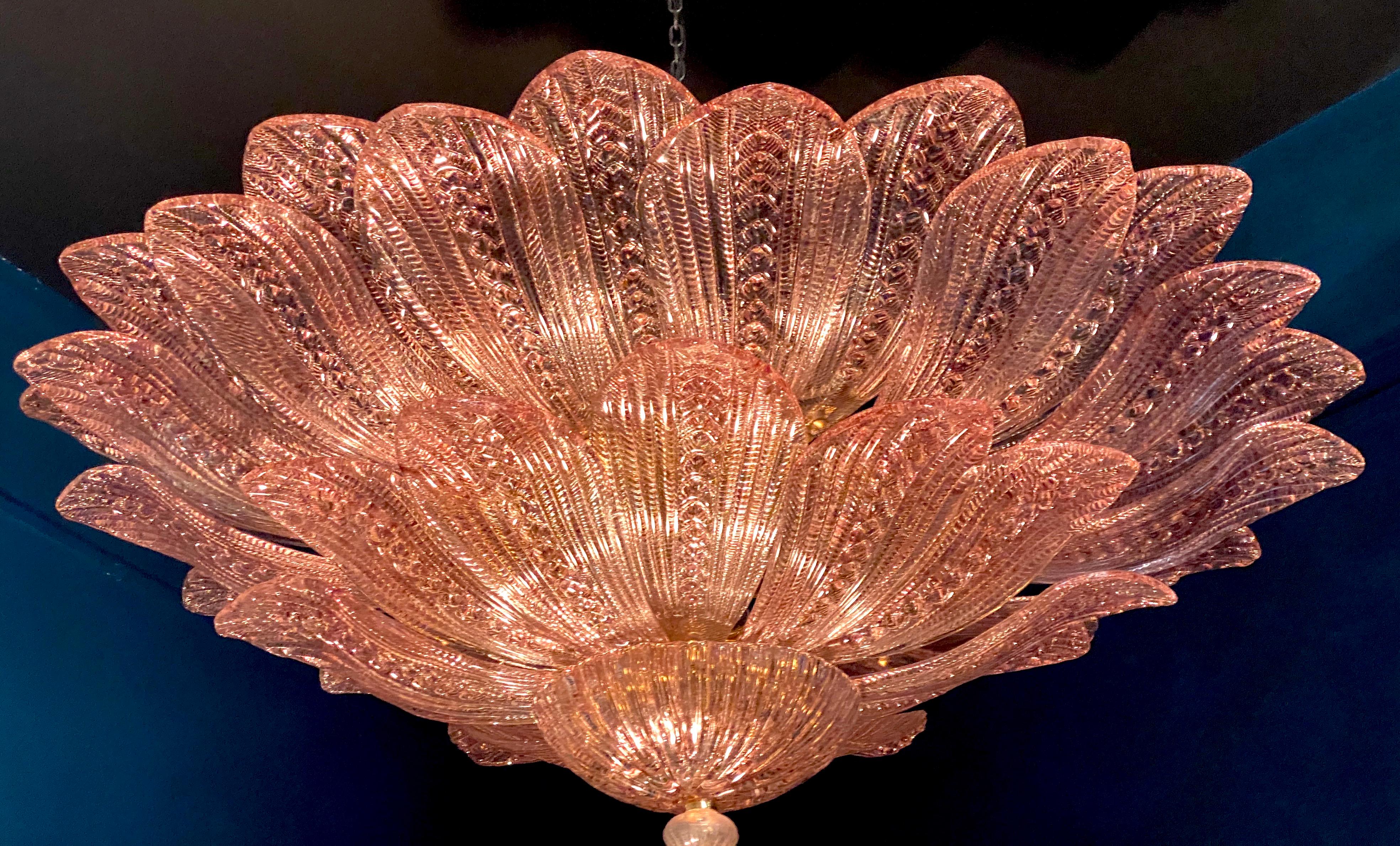 Amazing Pair of Pink Amethyst Murano Glass Leave Ceiling Light or Chandelier For Sale 3