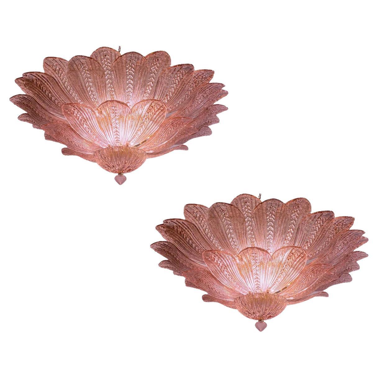 Amazing Pair of Pink Amethyst Murano Glass Leave Ceiling Light or Chandelier For Sale