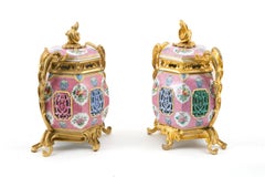 Amazing Pair of " Pink Family" Hexagonal Porcelain Vases, China, 19th Century
