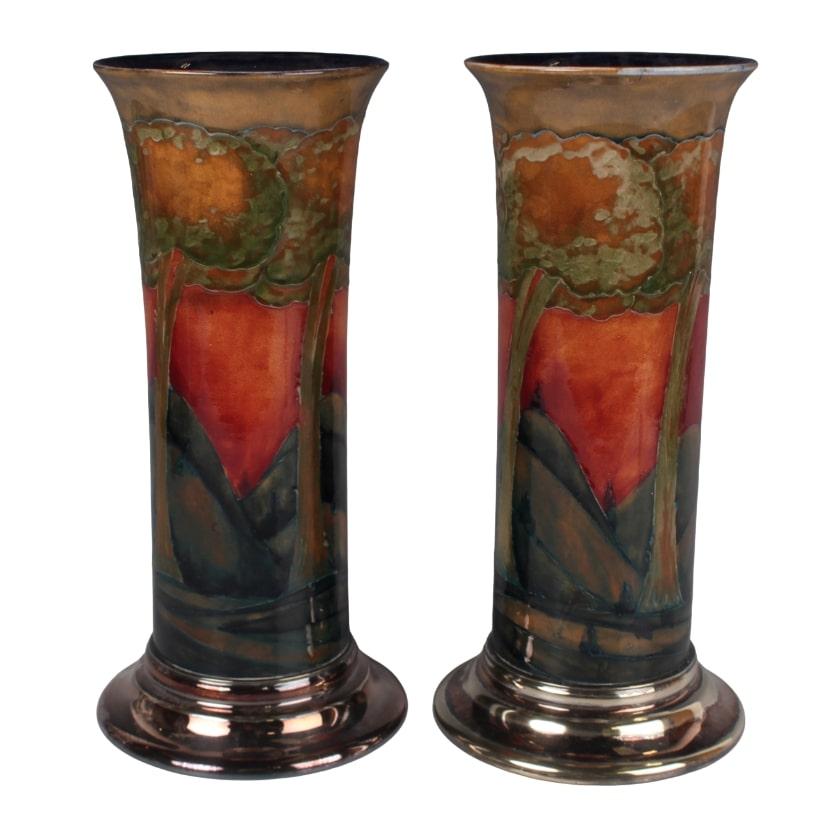Art Deco AMAZING Pair of plate-mounted Eventide pattern Moorcroft Pottery vases, c 1925 For Sale