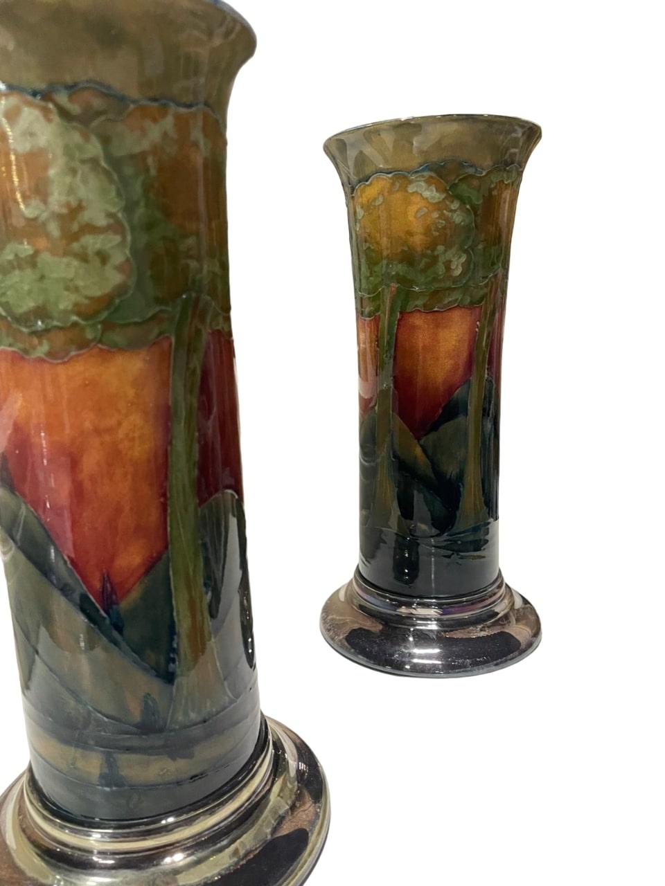British AMAZING Pair of plate-mounted Eventide pattern Moorcroft Pottery vases, c 1925 For Sale