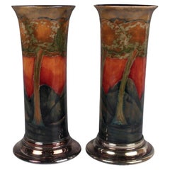AMAZING Pair of plate-mounted Eventide pattern Moorcroft Pottery vases, c 1925