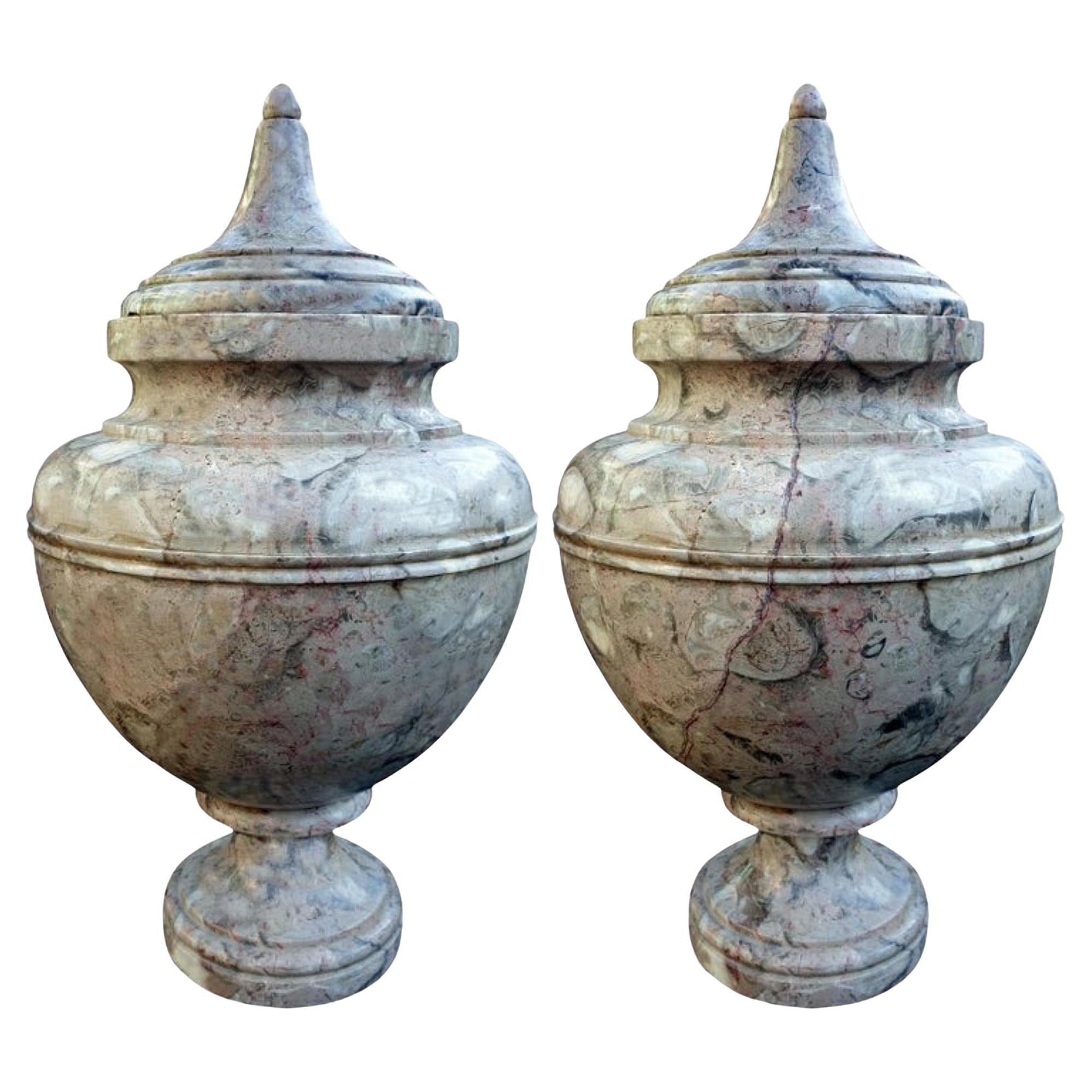 Amazing Pair of Turned Vases in Italian Lumachella Marble, Early 20th Century