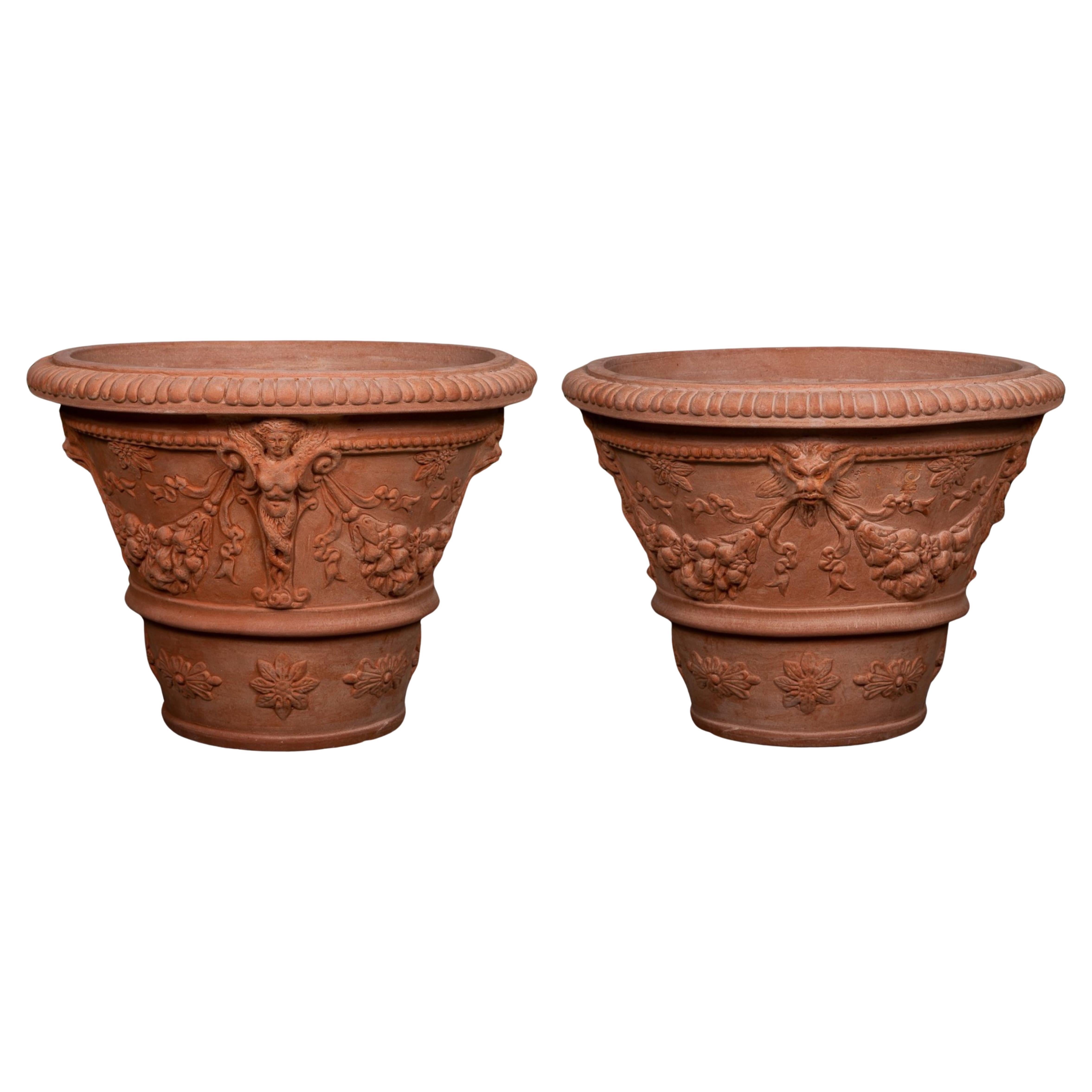 Amazing Pair of Vases Decorated with Fauns Terracotta Impruneta end 20th century