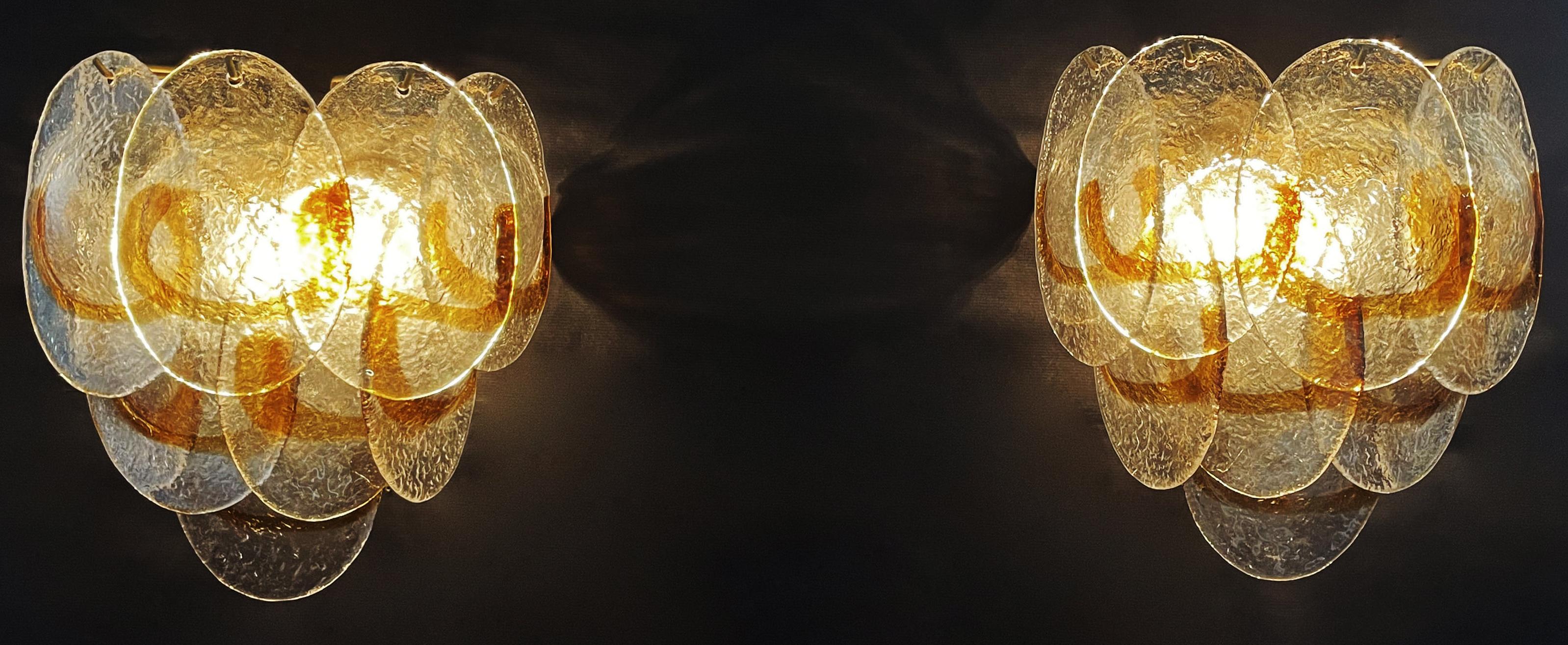 Amazing Pair of Vintage Italian Murano wall lights - trasparent and amber glass For Sale 5
