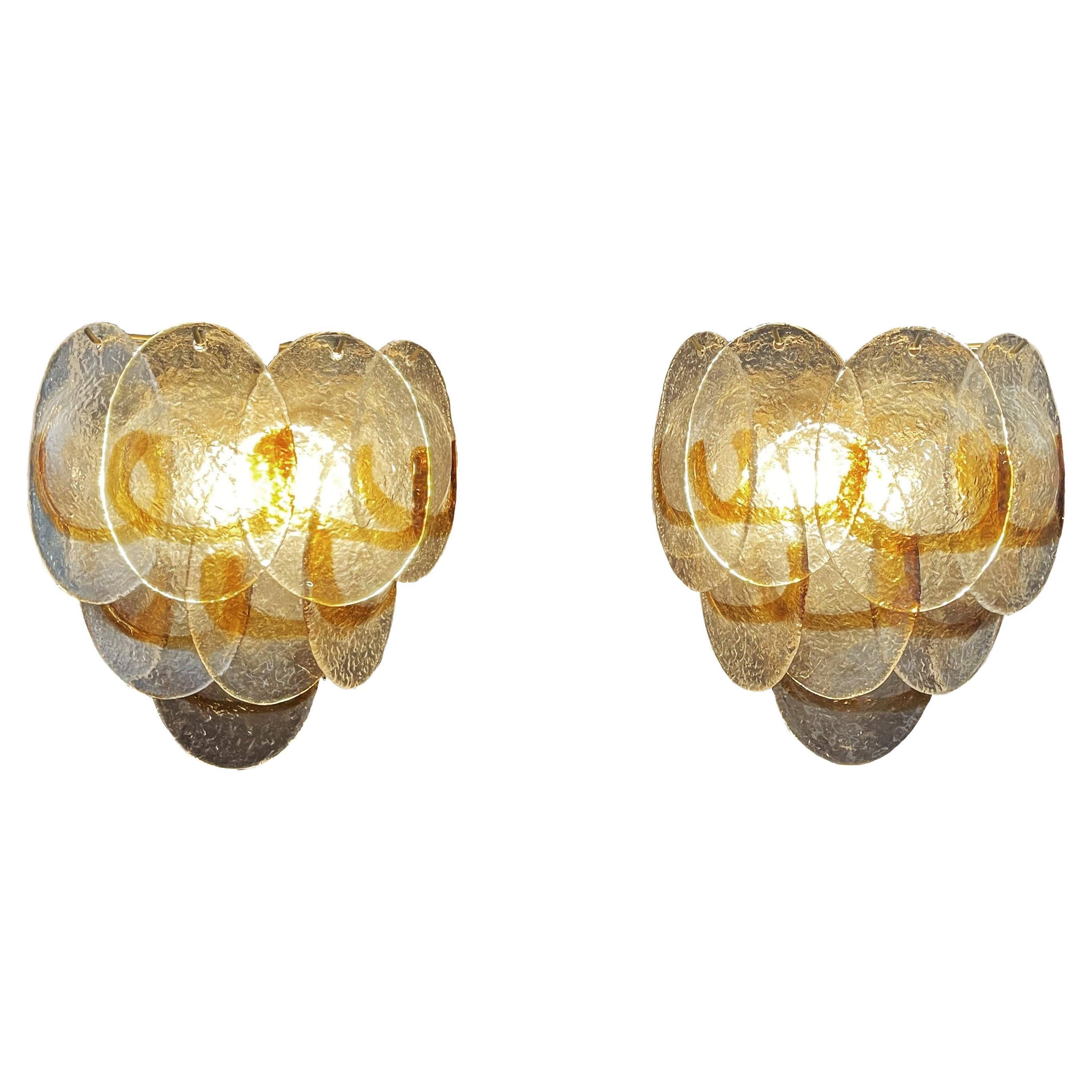 Amazing Pair of Vintage Italian Murano wall lights - trasparent and amber glass For Sale