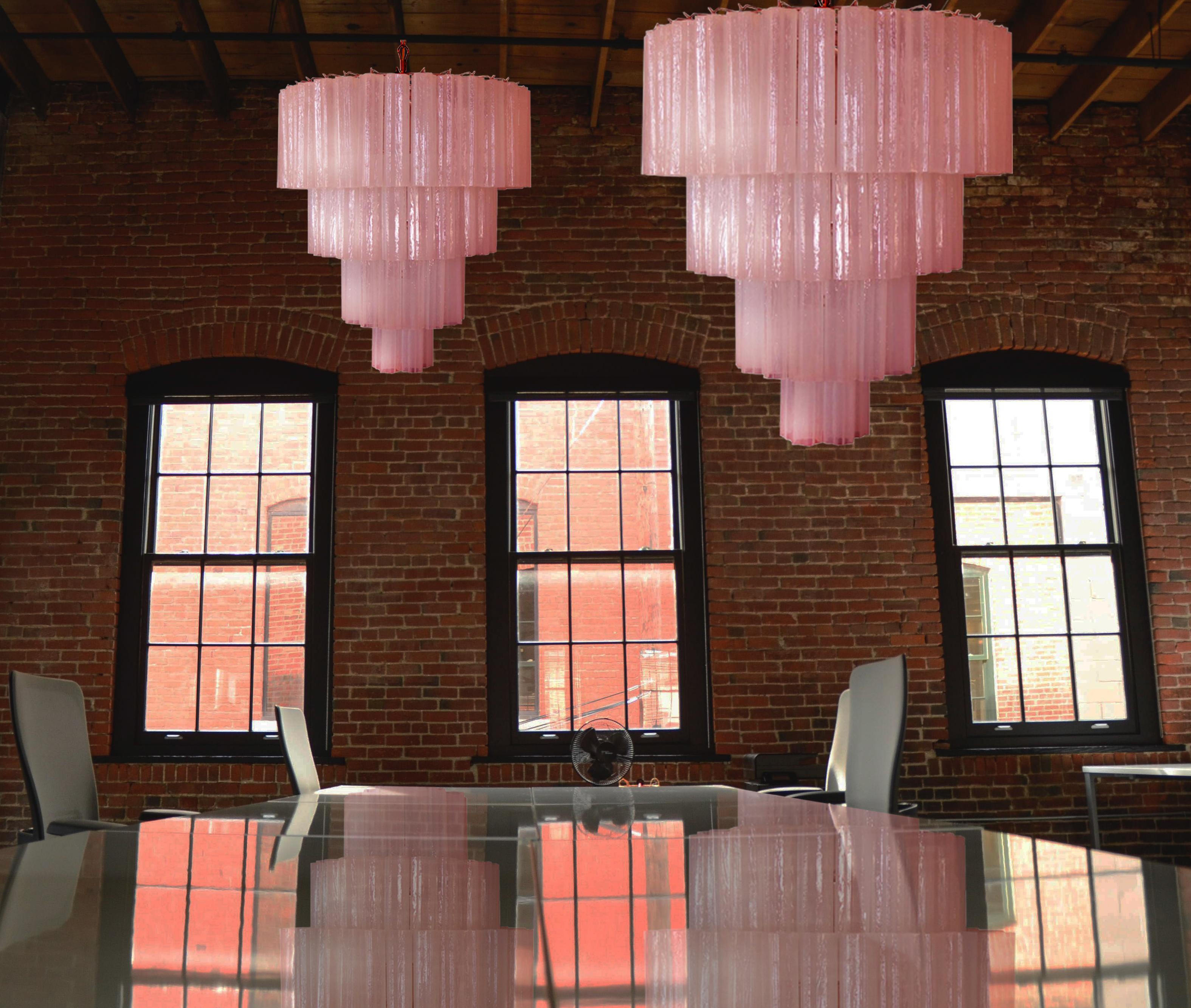Each chandelier include precious 78 tronchi Murano glass 30 has cm long.
Measures: 70.90 inches (180 cm) height with chain; 35.45 inches (90 cm) height without chain; 33.50 inches (85 cm) diameter.
Dimension glasses: 11.80 inches (30 cm) height;