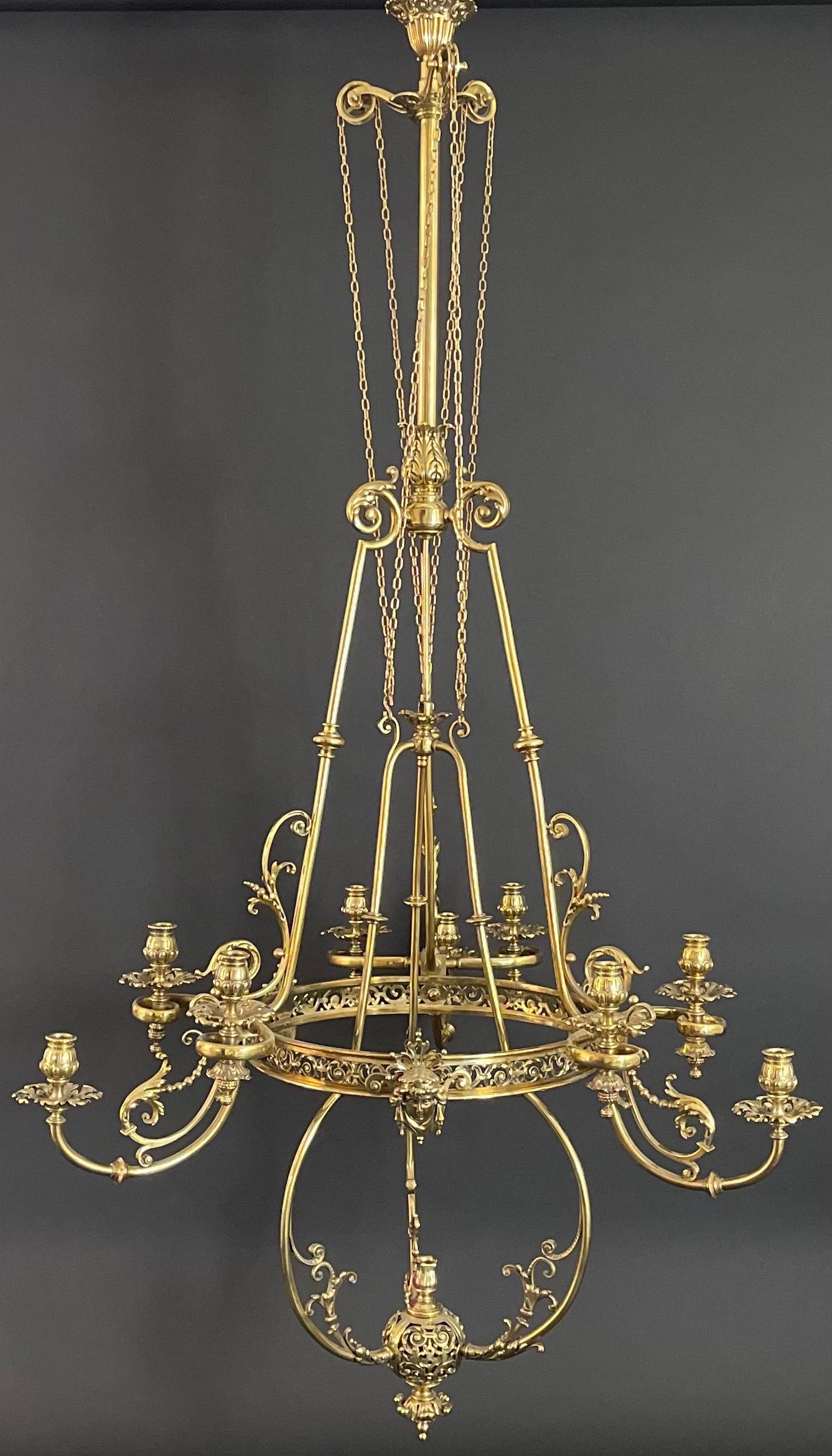 A huge, spectacular  late 18th / early 19th German or English ormolu 10 - light chandelier.
The chandelier can be used as a candelabra or can be electrified (on request).
The height is adjustable -  up to 78.74 inches.
