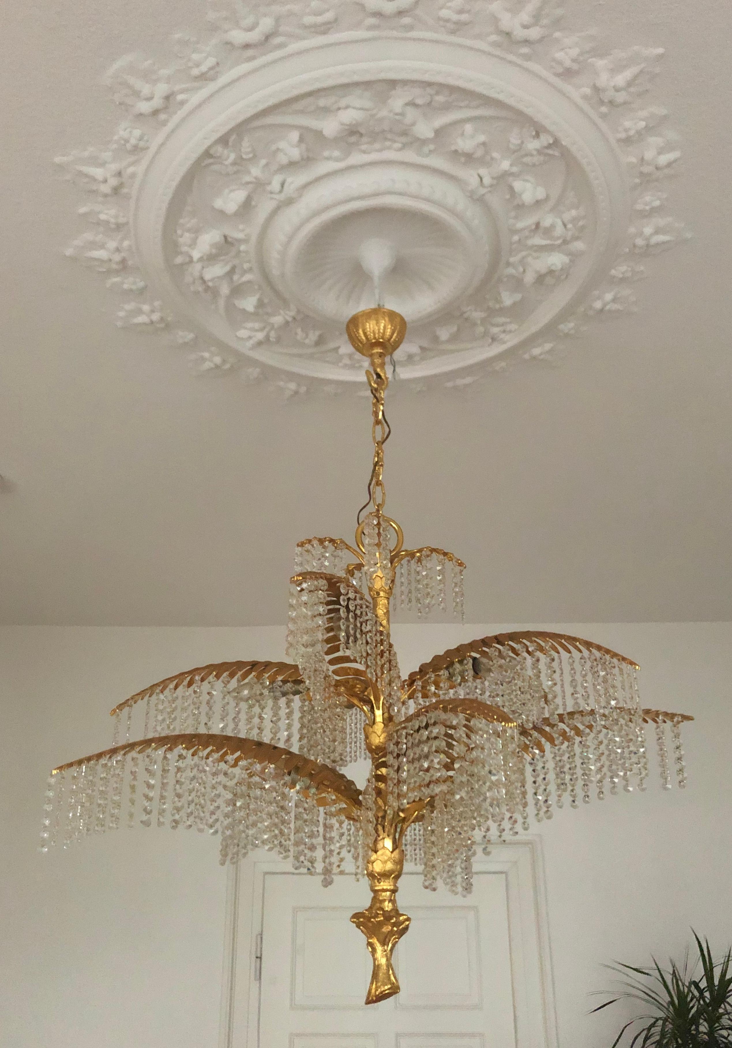 Mid-Century Modern Amazing Palm Tree Chandelier, Gilt Bronze and Crystal, circa 1970s