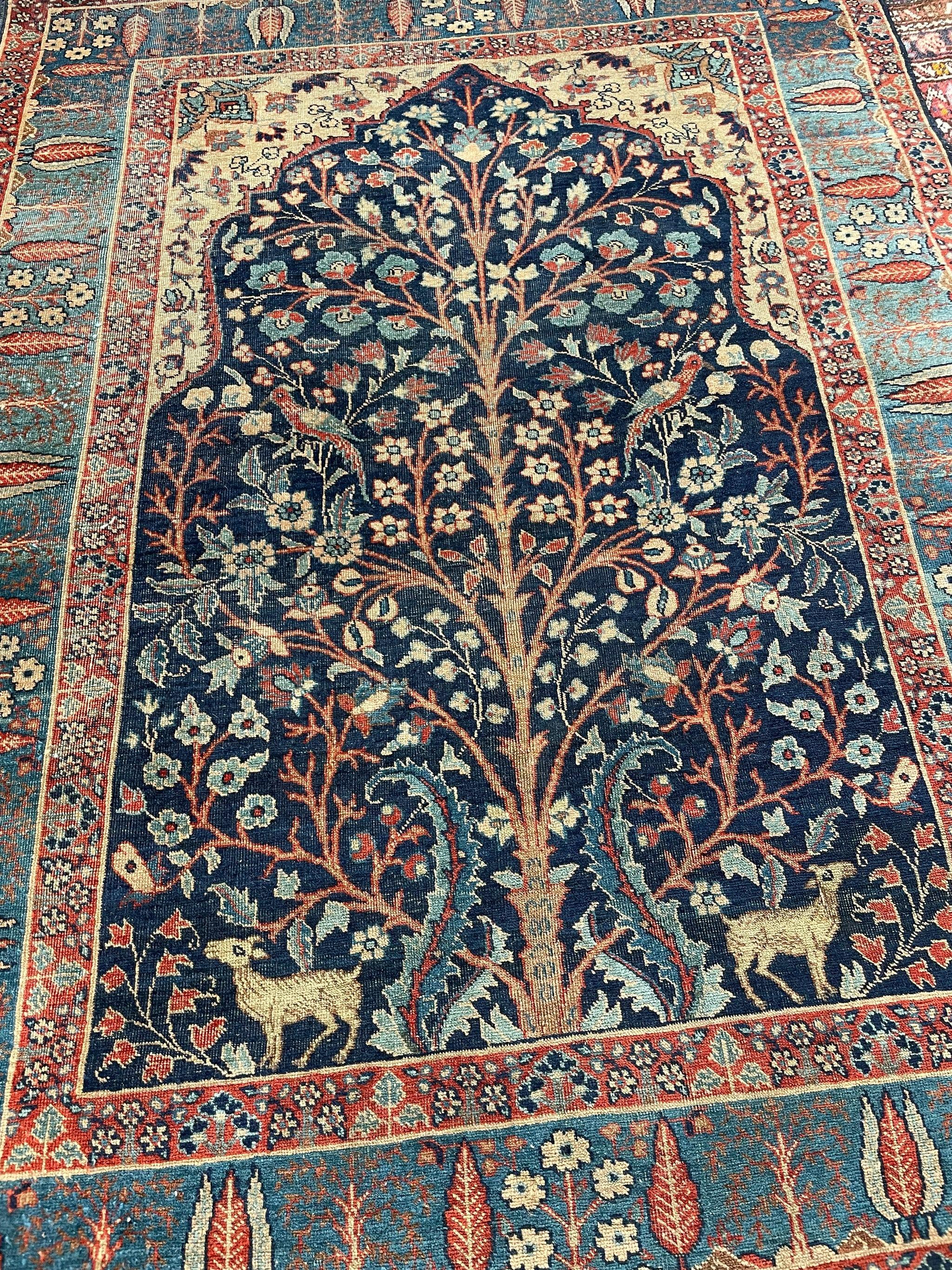 Amazing Paradise Tree of Life  Incredible Blues, Camel, Beige

Size: 4.7 x 6.1
Age: Antique, C. 1930-40's
Pile: Low with great wool 

This rug is one-of-a-kind, only one in the world, no others are available.

Because of the nature and age of these