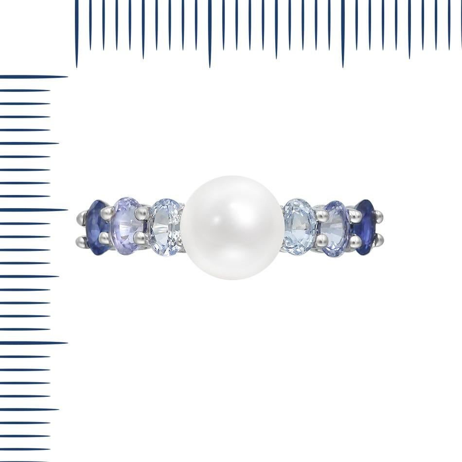Round Cut Amazing Pearl Blue Sapphire Diamond White Gold Earrings For Sale