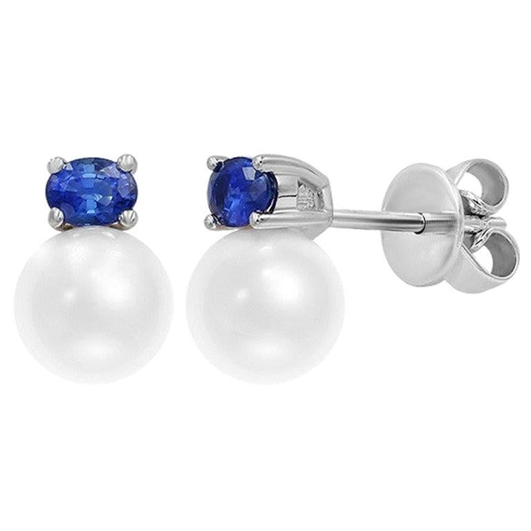Amazing Pearl Blue Sapphire Diamond White Gold Earrings For Sale