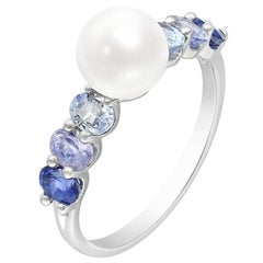 Sorprendente Perla Zafiro Azul Diamante Anillo de Oro Blanco