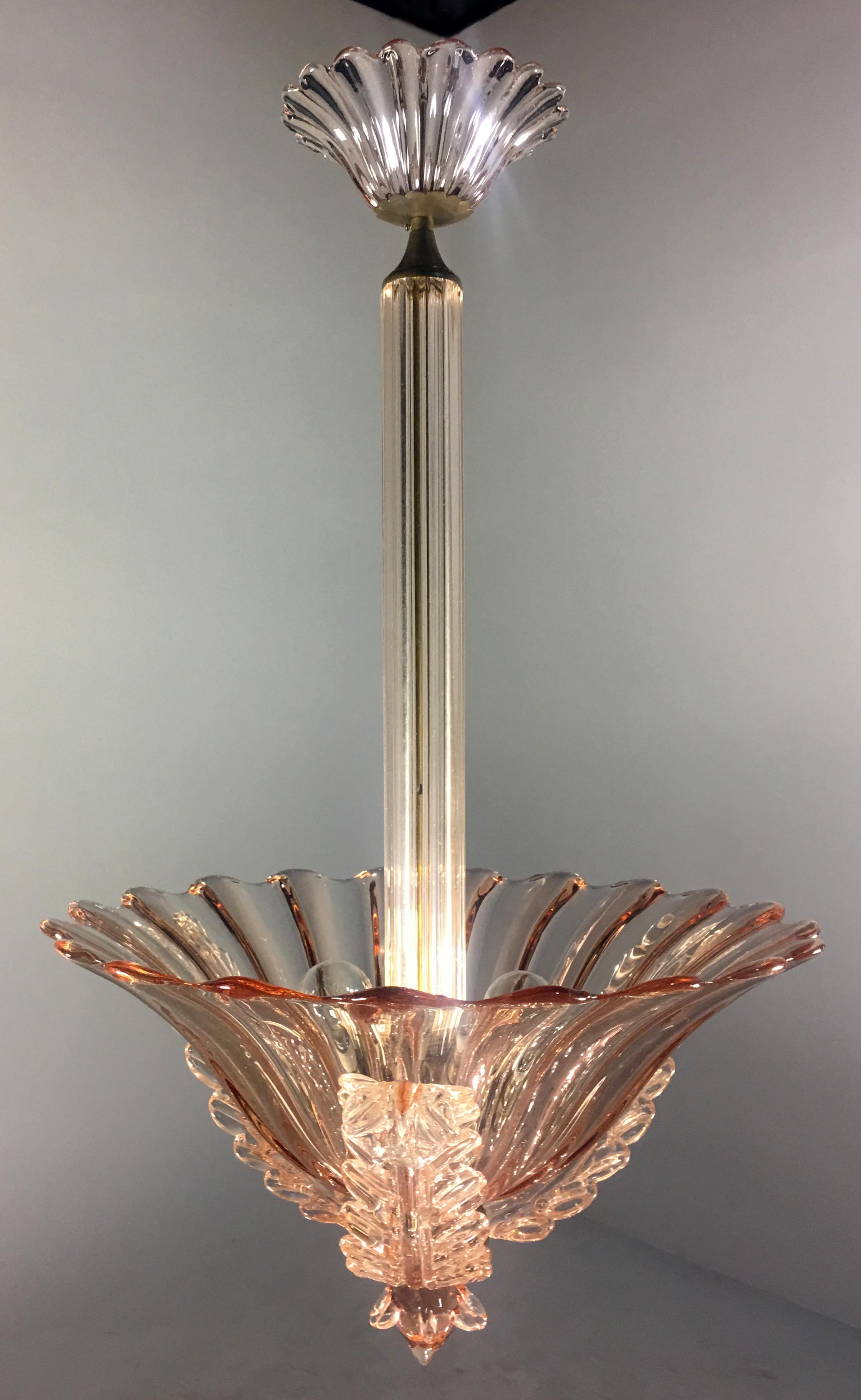 Brass Amazing Pink Chandelier by Barovier & Toso, Murano, 1940s