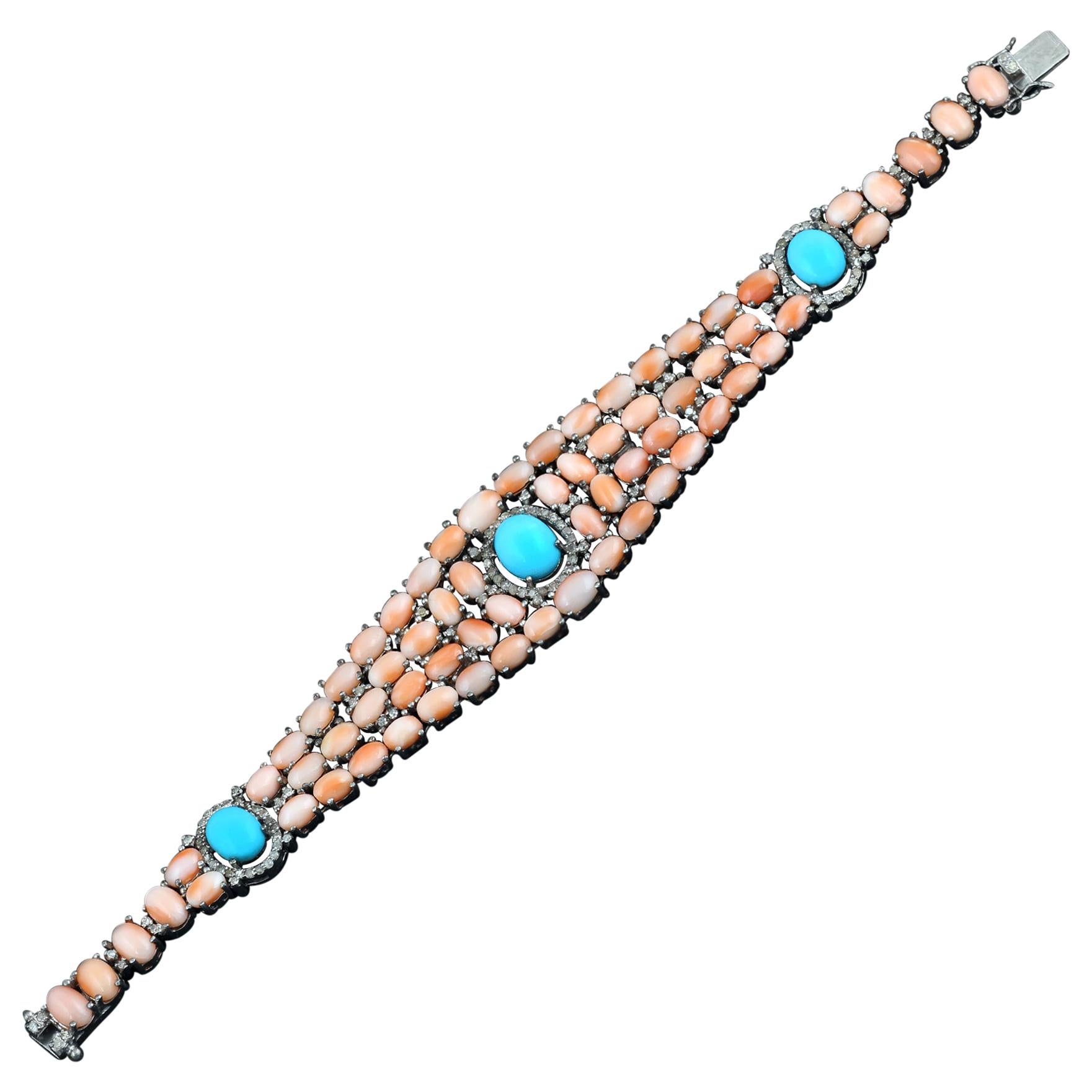 Amazing Pink Coral and Turquoise Bracelet with Diamonds For Sale