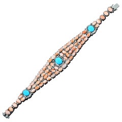 Amazing Pink Coral and Turquoise Bracelet with Diamonds