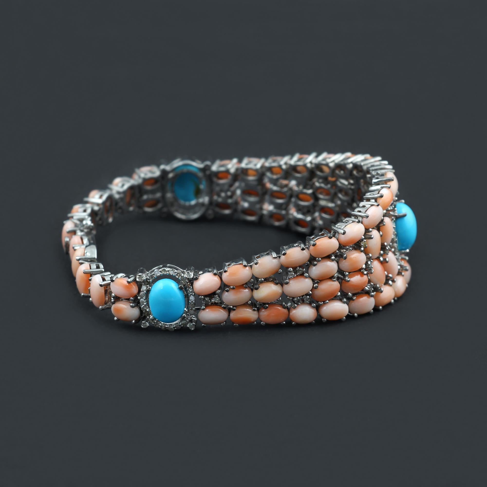Artisan Amazing Pink Coral and Turquoise Bracelet with Diamonds For Sale