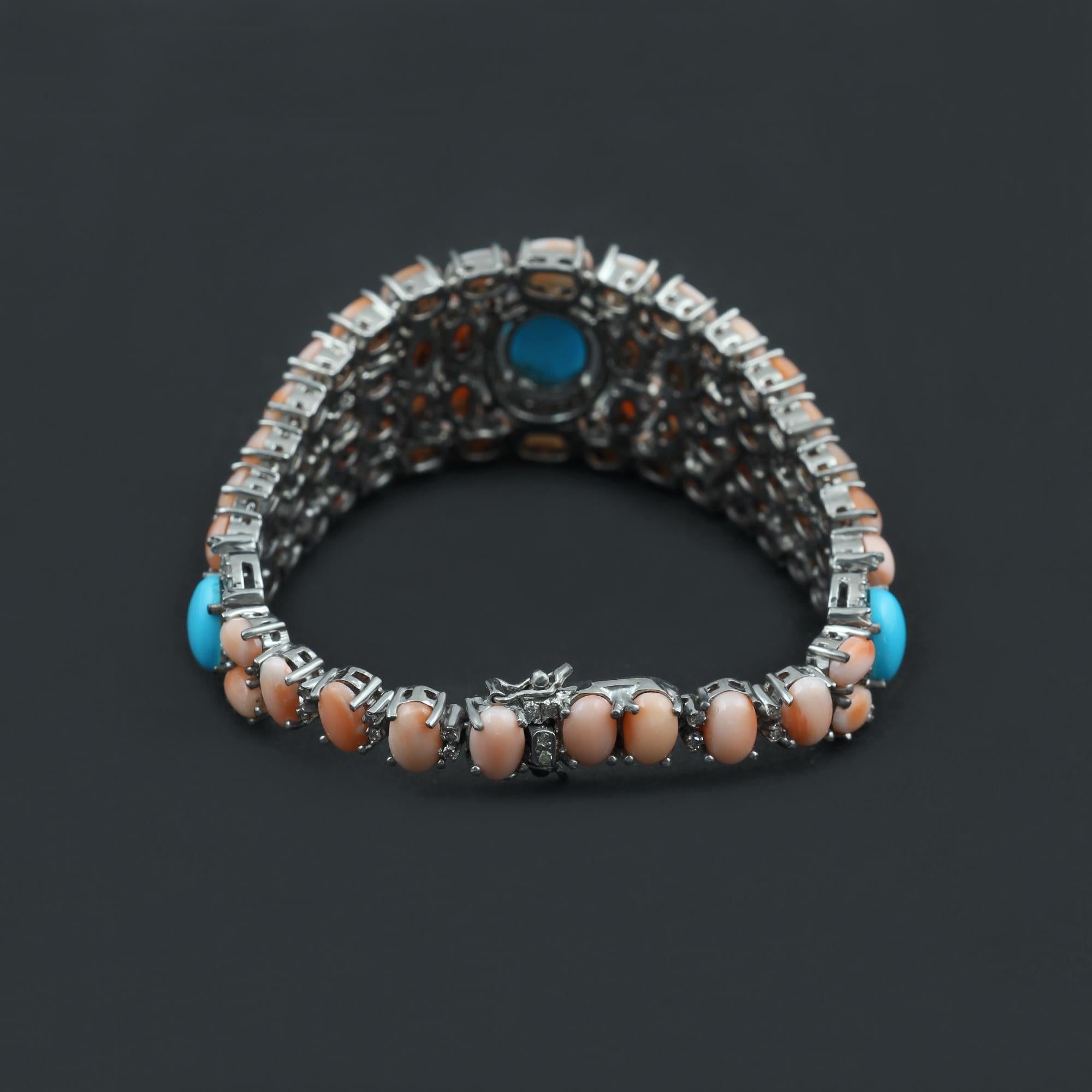 Cabochon Amazing Pink Coral and Turquoise Bracelet with Diamonds For Sale