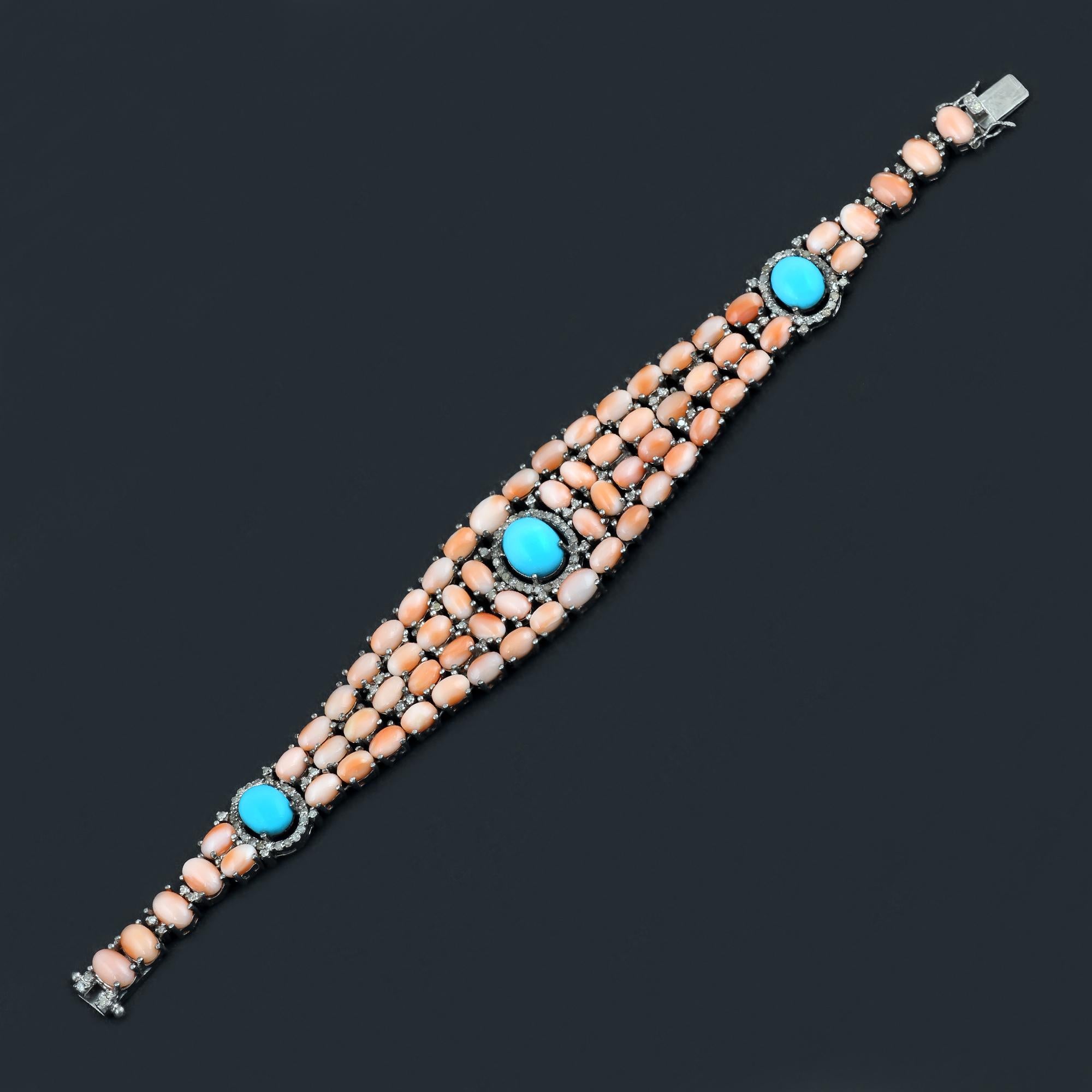 Amazing Pink Coral and Turquoise Bracelet with Diamonds In New Condition For Sale In New York, NY