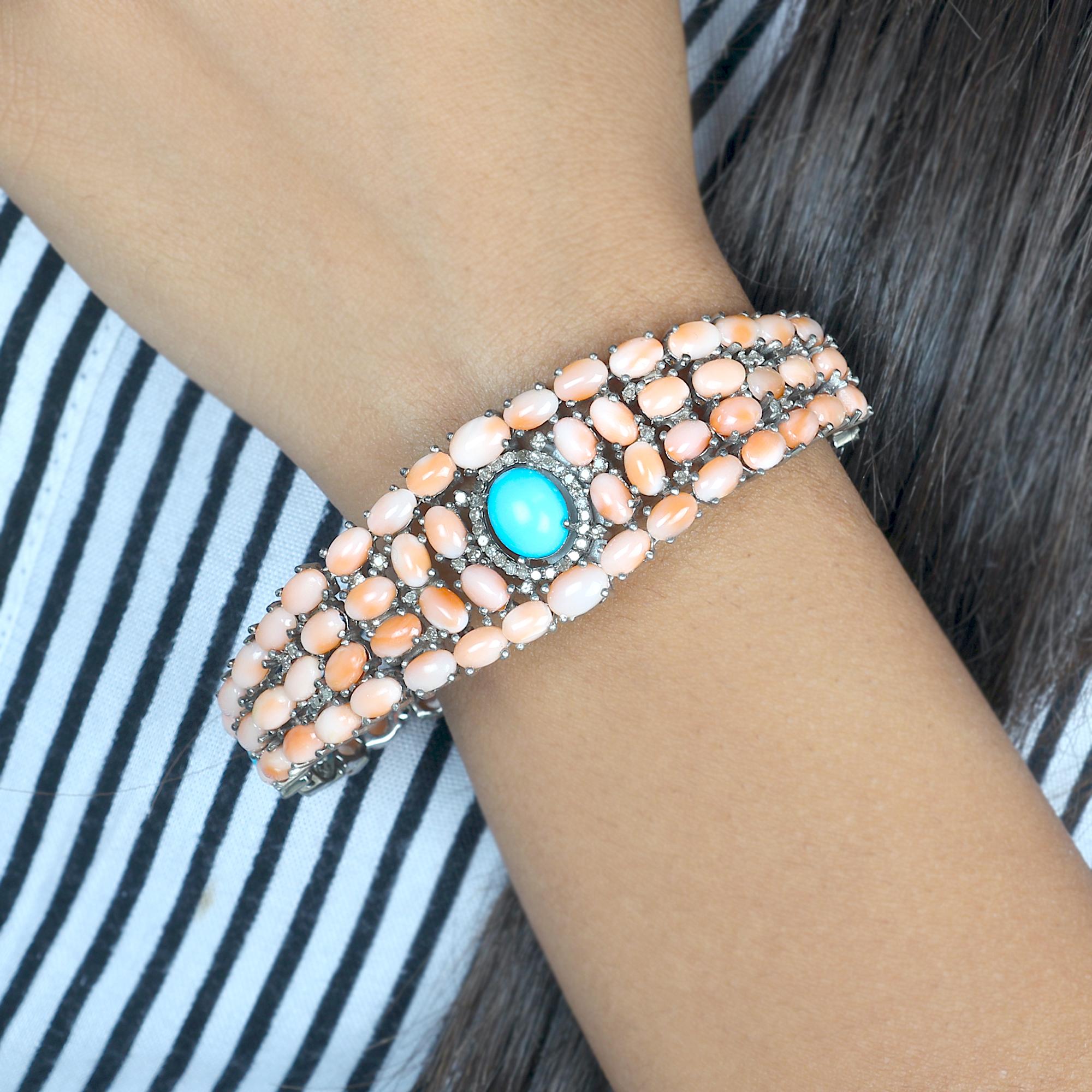 Women's Amazing Pink Coral and Turquoise Bracelet with Diamonds For Sale