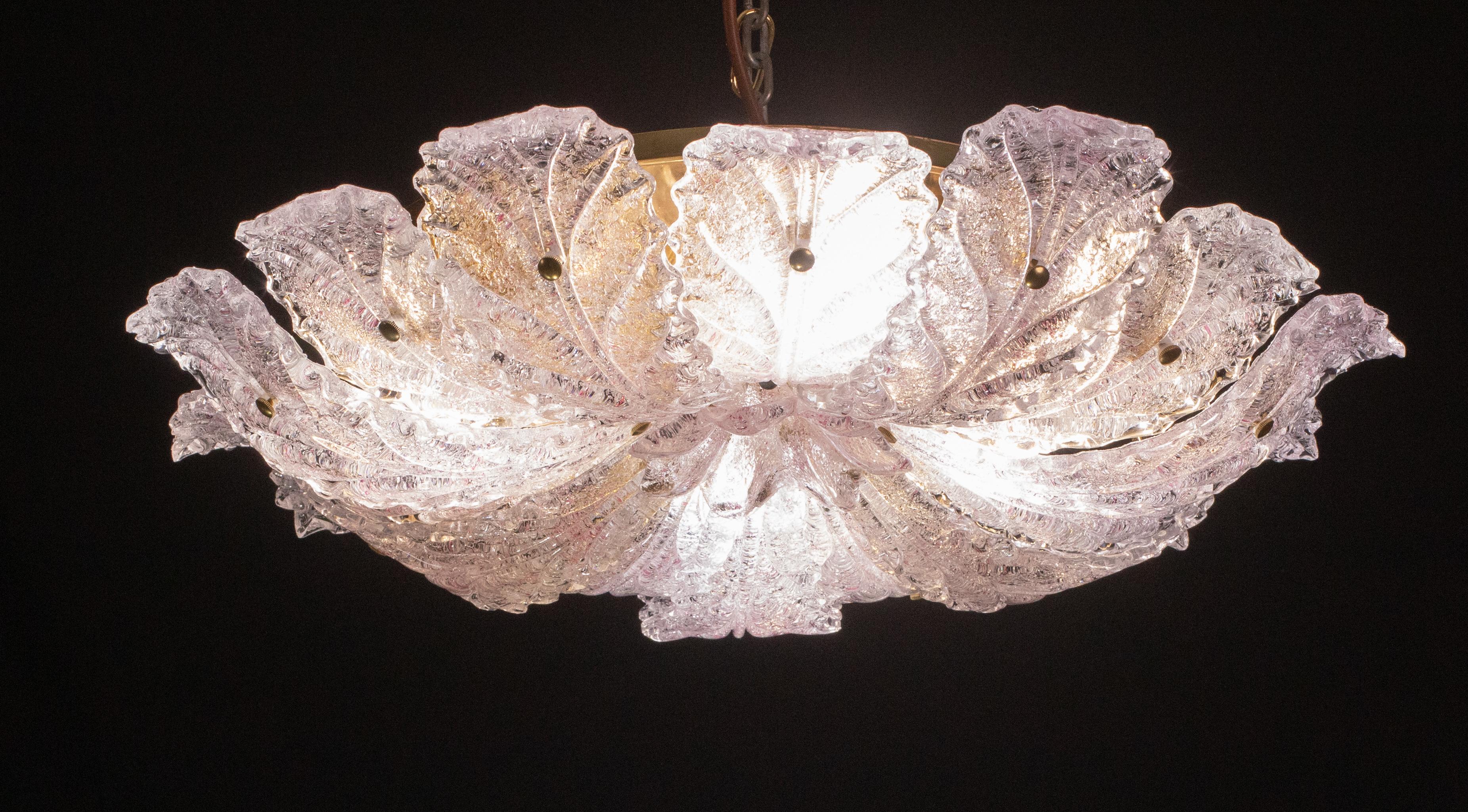 Amazing Pink Murano Glass Leave Ceiling Light or Chandelier, 1970s In Good Condition For Sale In Roma, IT