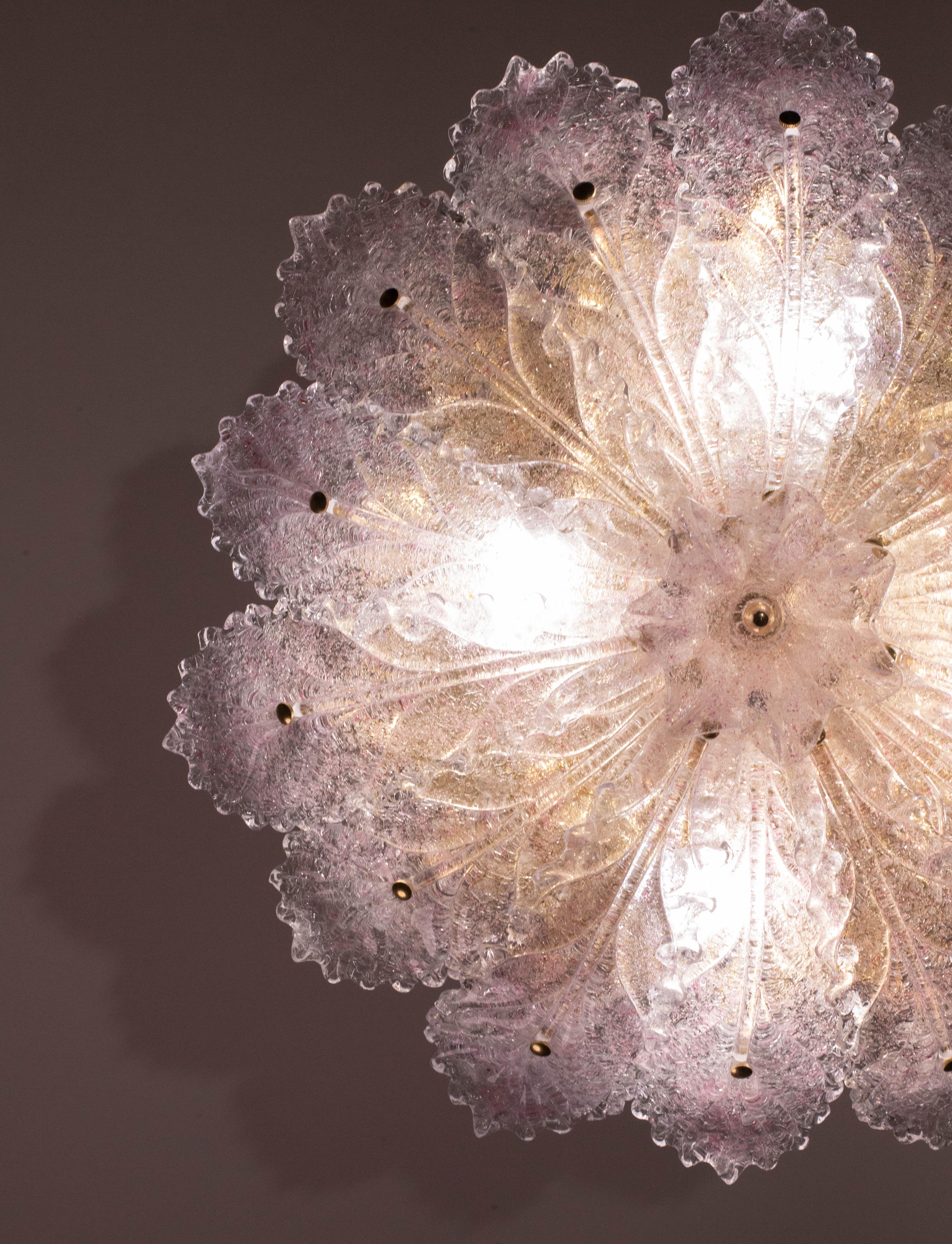 Amazing Pink Murano Glass Leave Ceiling Light or Chandelier, 1970s For Sale 1