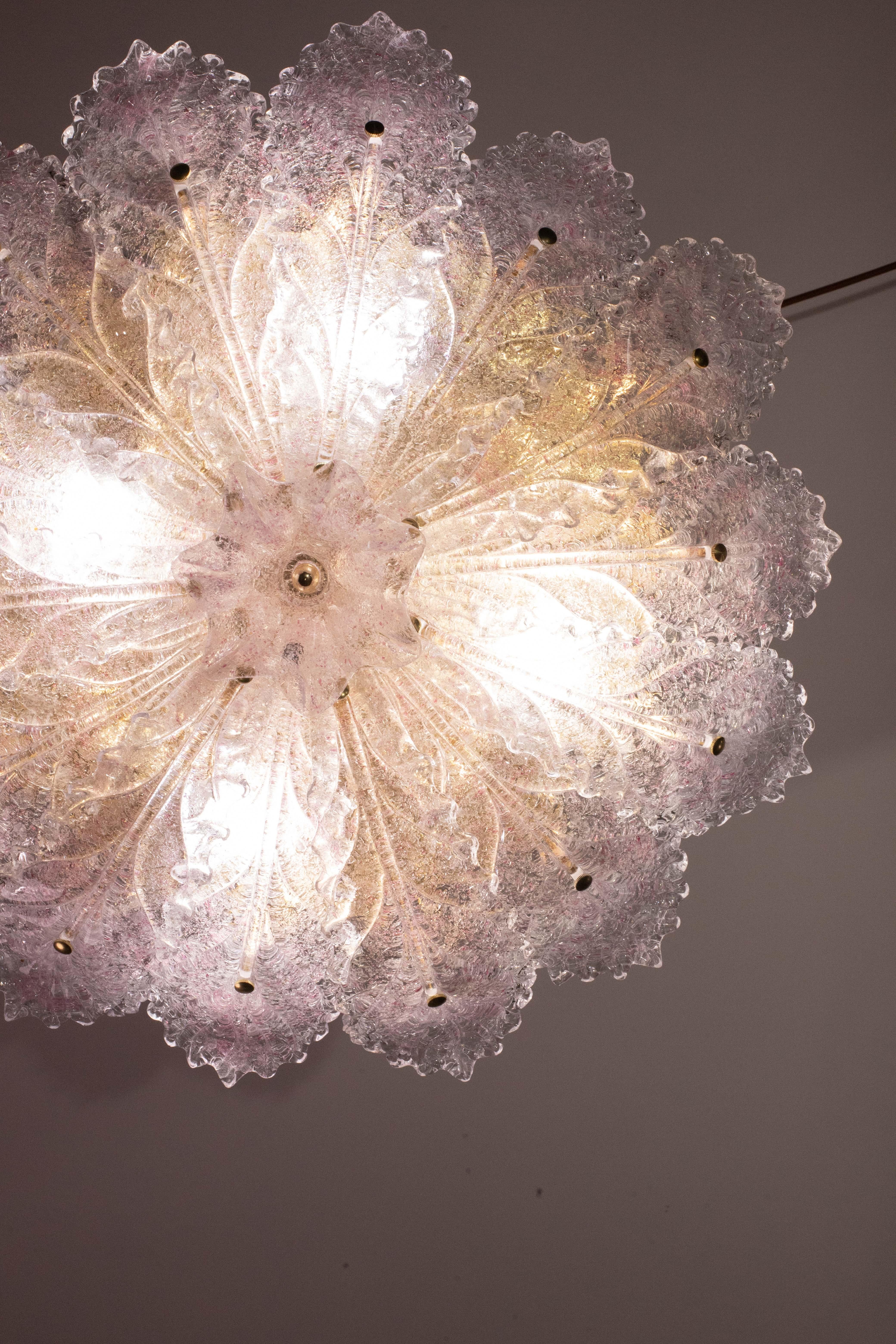 Amazing Pink Murano Glass Leave Ceiling Light or Chandelier, 1970s For Sale 2