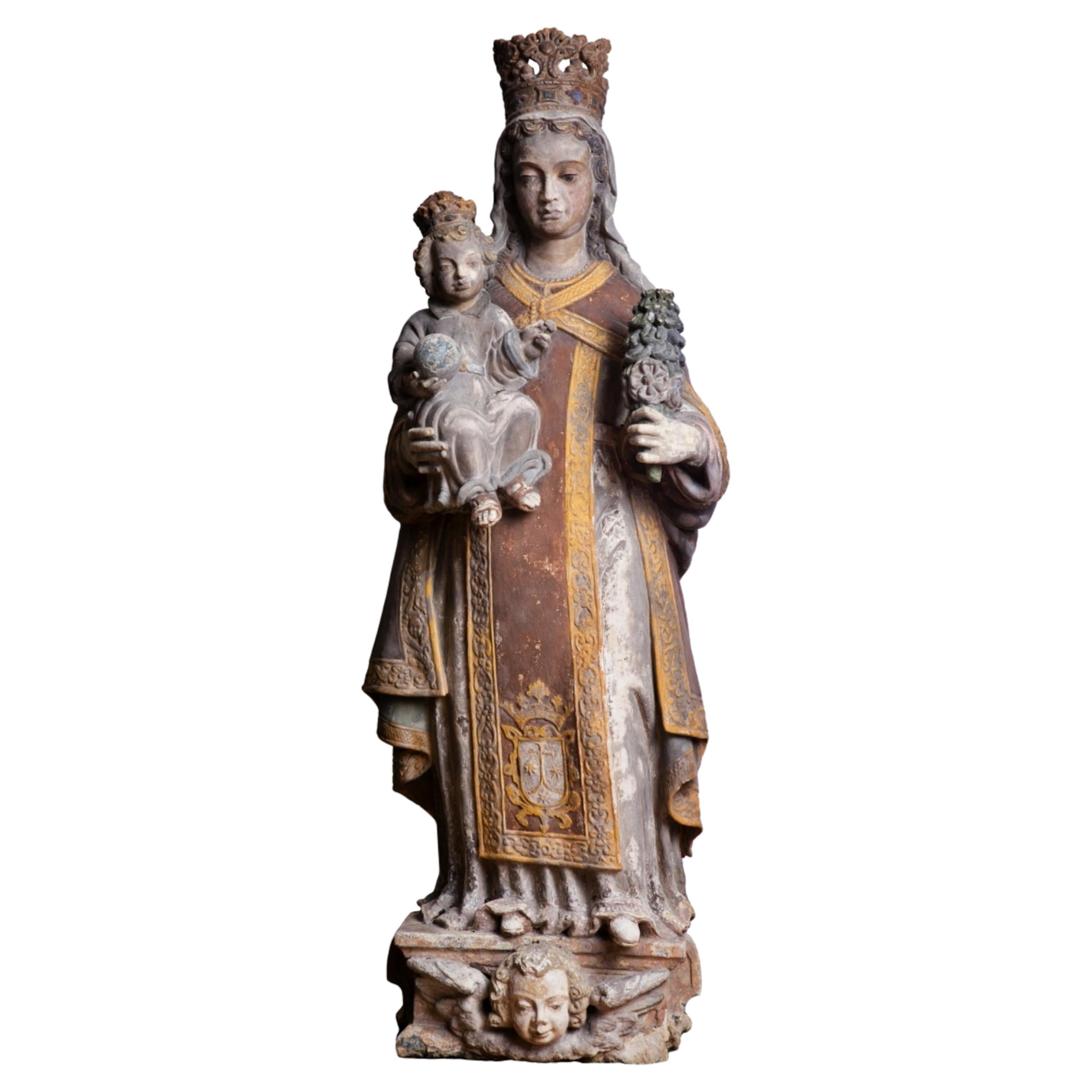 Asombrosa Escultura Portuguesa "Nuestra Señora con el Niño Jesús " Siglo XVII en venta