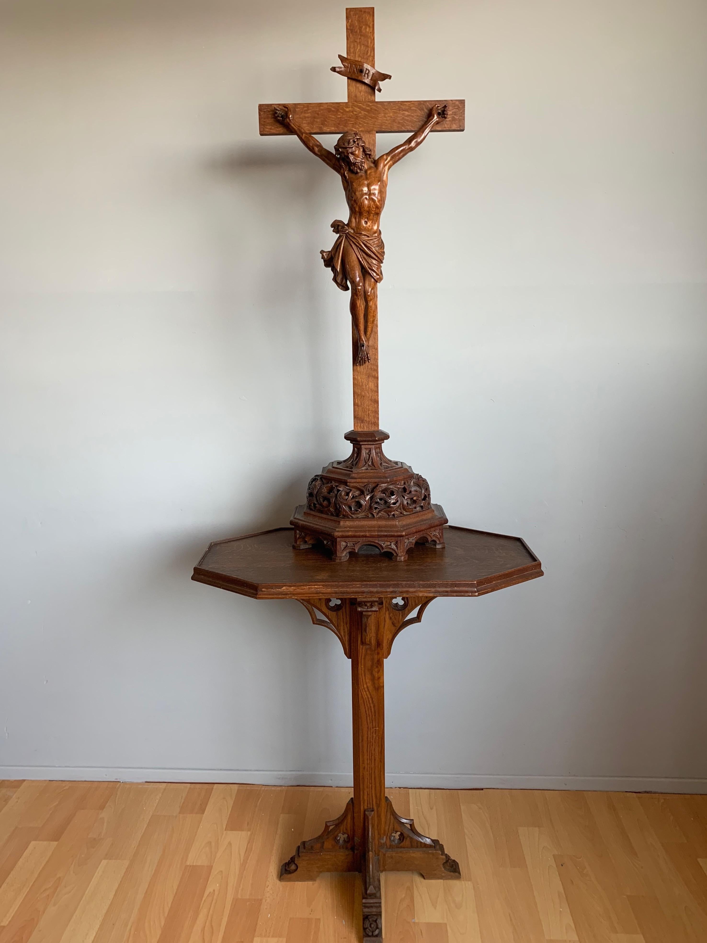 Good size and one of the best detailed church crucifixes you will ever see. 

This incredibly beautiful and sizable Gothic Art crucifix is all hand carved and signed by the artist Malfait. Also from the collection of a former collector of religious