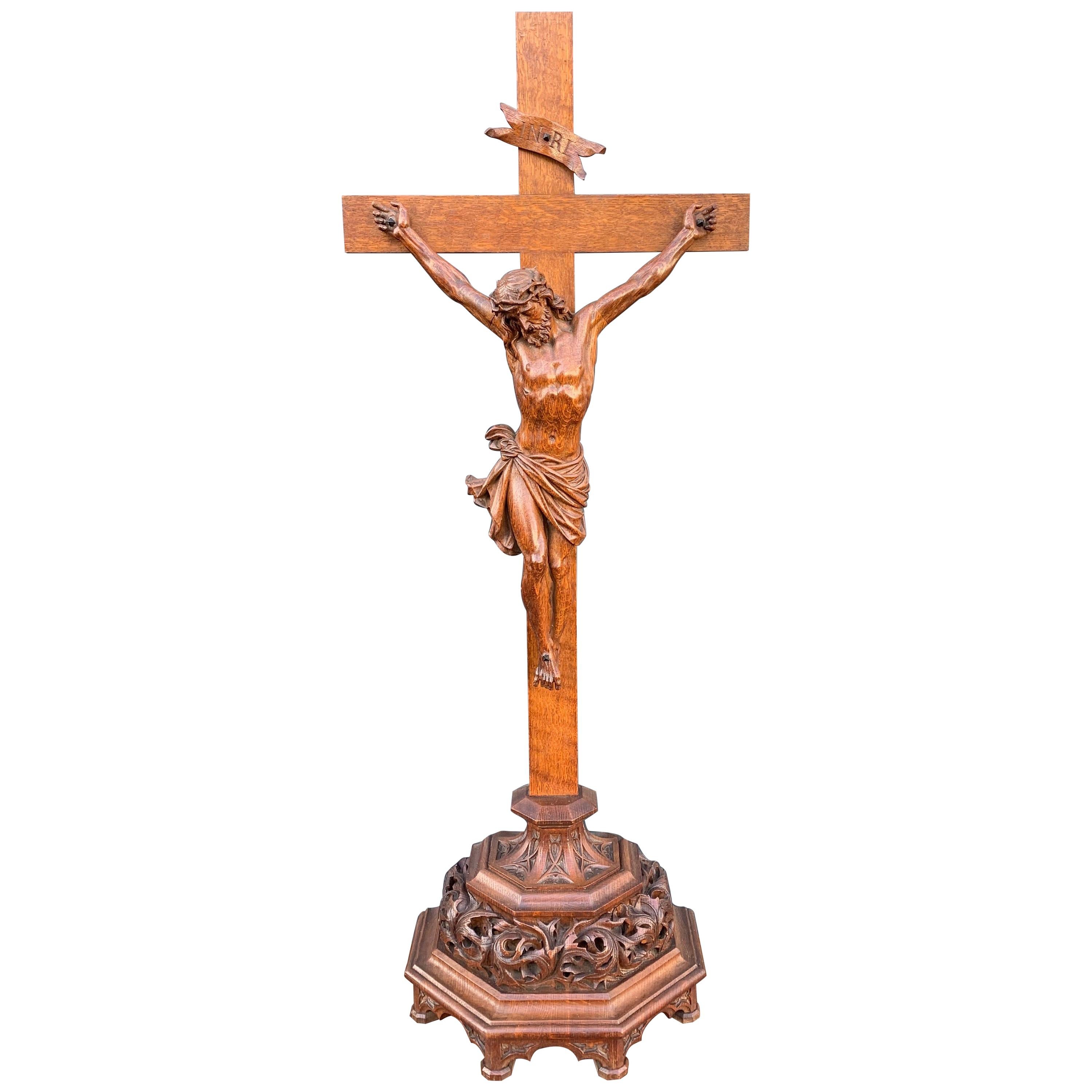 Amazing Quality Carved Antique Gothic Revival Altar Crucifix by Malfait, 1877